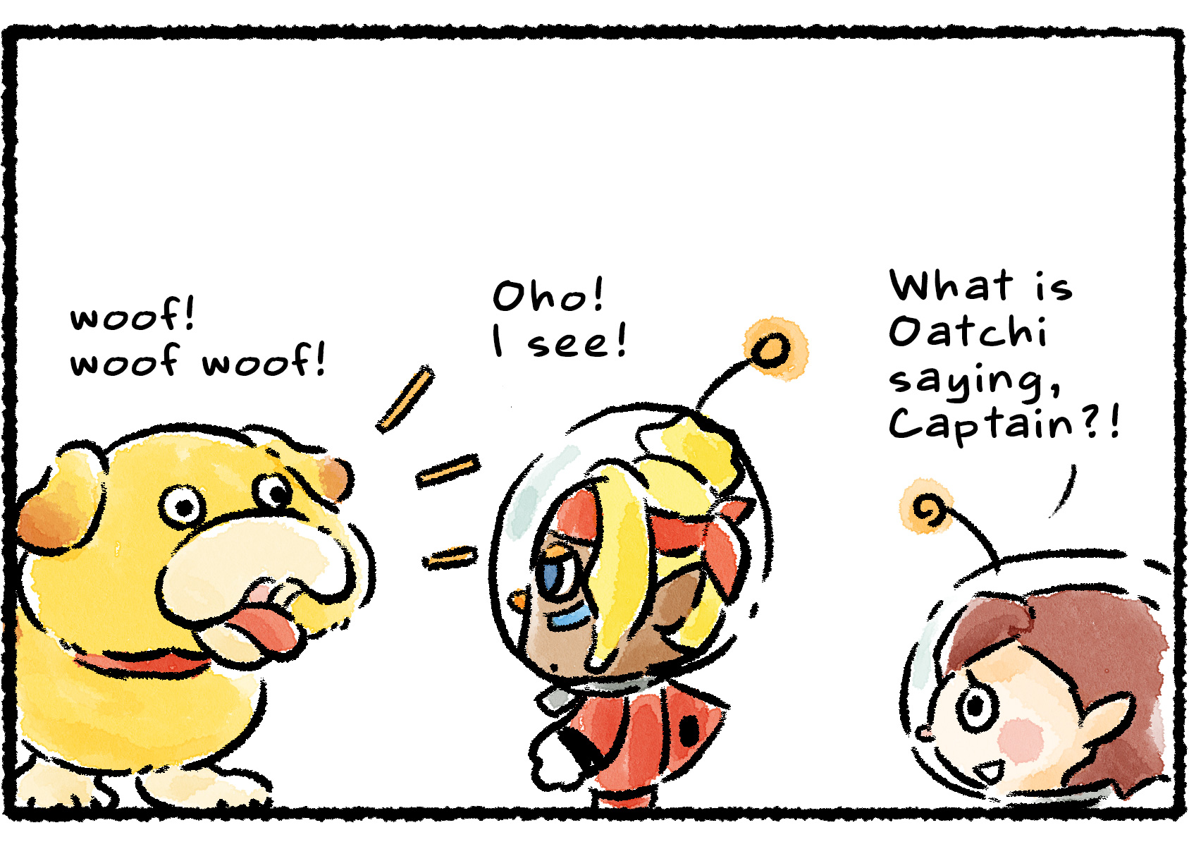 Panel three. Oatchi lets out a series of barks. "What is Oatchi saying, Captain?!" the Rescue Officer says, calling Shepherd over to help. "Oho!" Shepherd says, seeming to understand. "I see!"