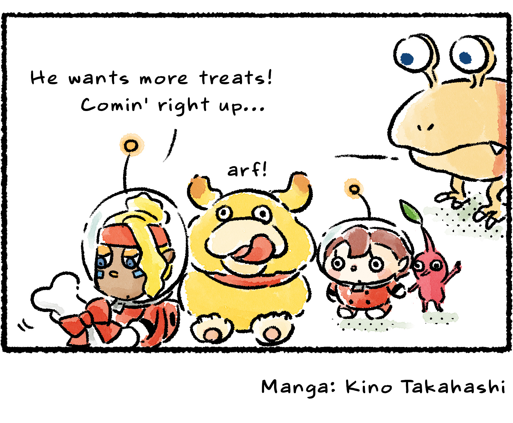 Panel four. "He wants more treats!" Shepherd says, and produces a Scrummy Bone for an excited Oatchi. "Comin' right up..." In the background, the Red Pikmin points anxiously at an approaching Bulborb.