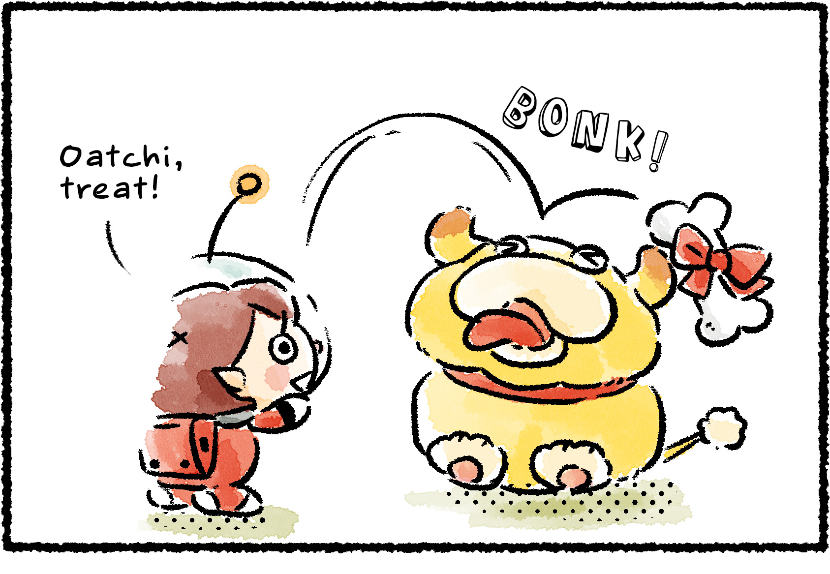 Panel one. A Rescue Officer tosses a Scrummy Bone at Oatchi. "Oatchi, treat!" Oatchi tries to catch it, but the bone bounces off his head.