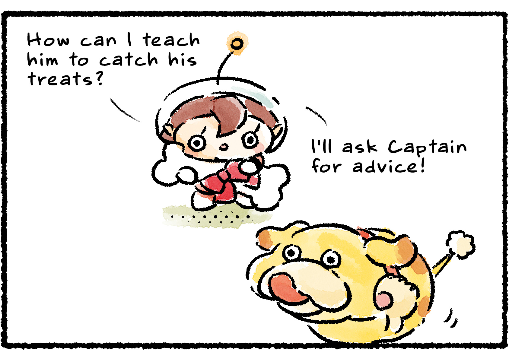 Panel two. Holding a Scrummy Bone and watching Oatchi, the Rescue Officer wonders aloud: "How can I teach him to catch his treats?" Then she has an idea: "I'll ask Captain for advice!"