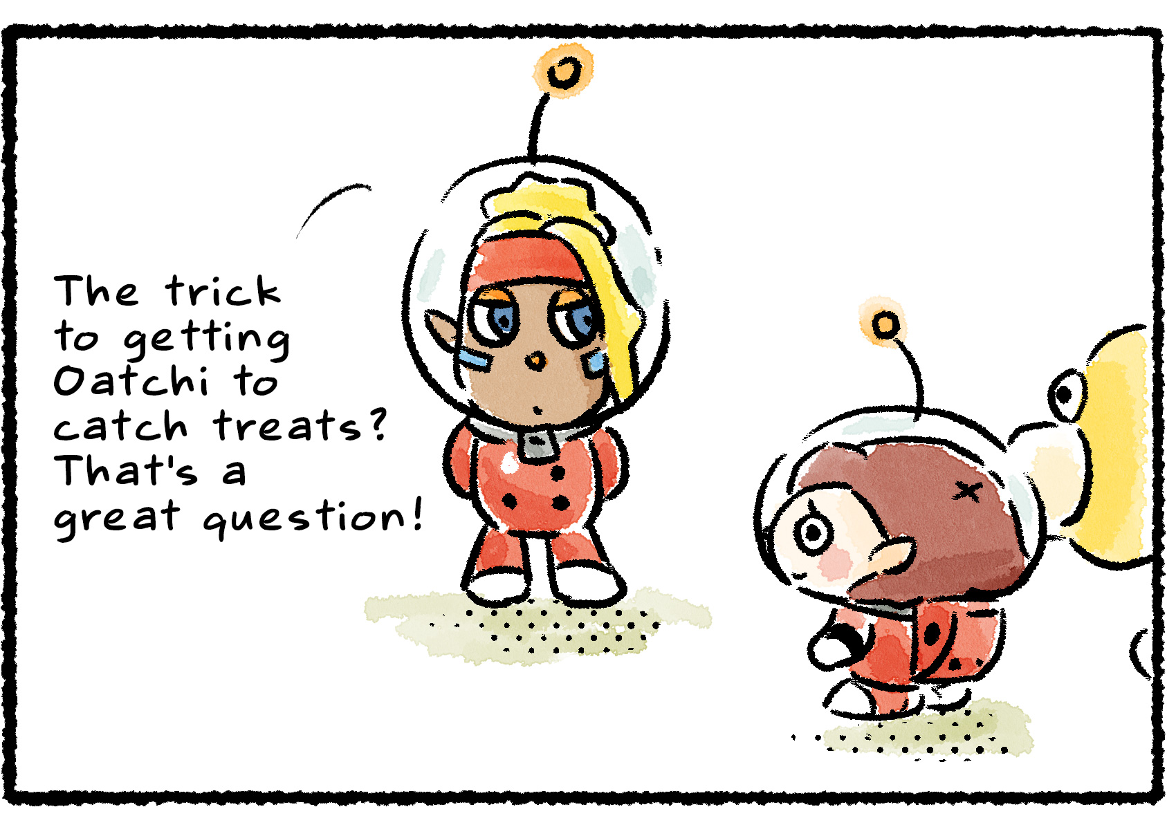 Panel three. The Rescue Officer and Oatchi approach Shepherd. "The trick to getting Oatchi to catch treats?" Shepherd says. "That's a great question!"