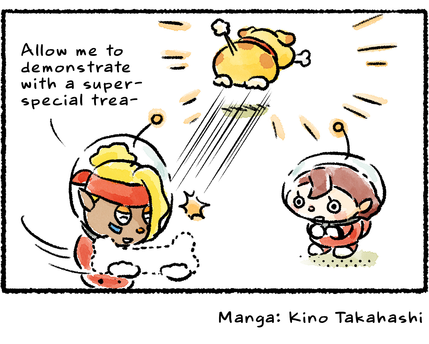 Panel four. Shepherd begins to say, "Allow me to demonstrate with a super-special trea—" but before she can finish her sentence, Oatchi has already grabbed the Scrummy Bone and run off with it.