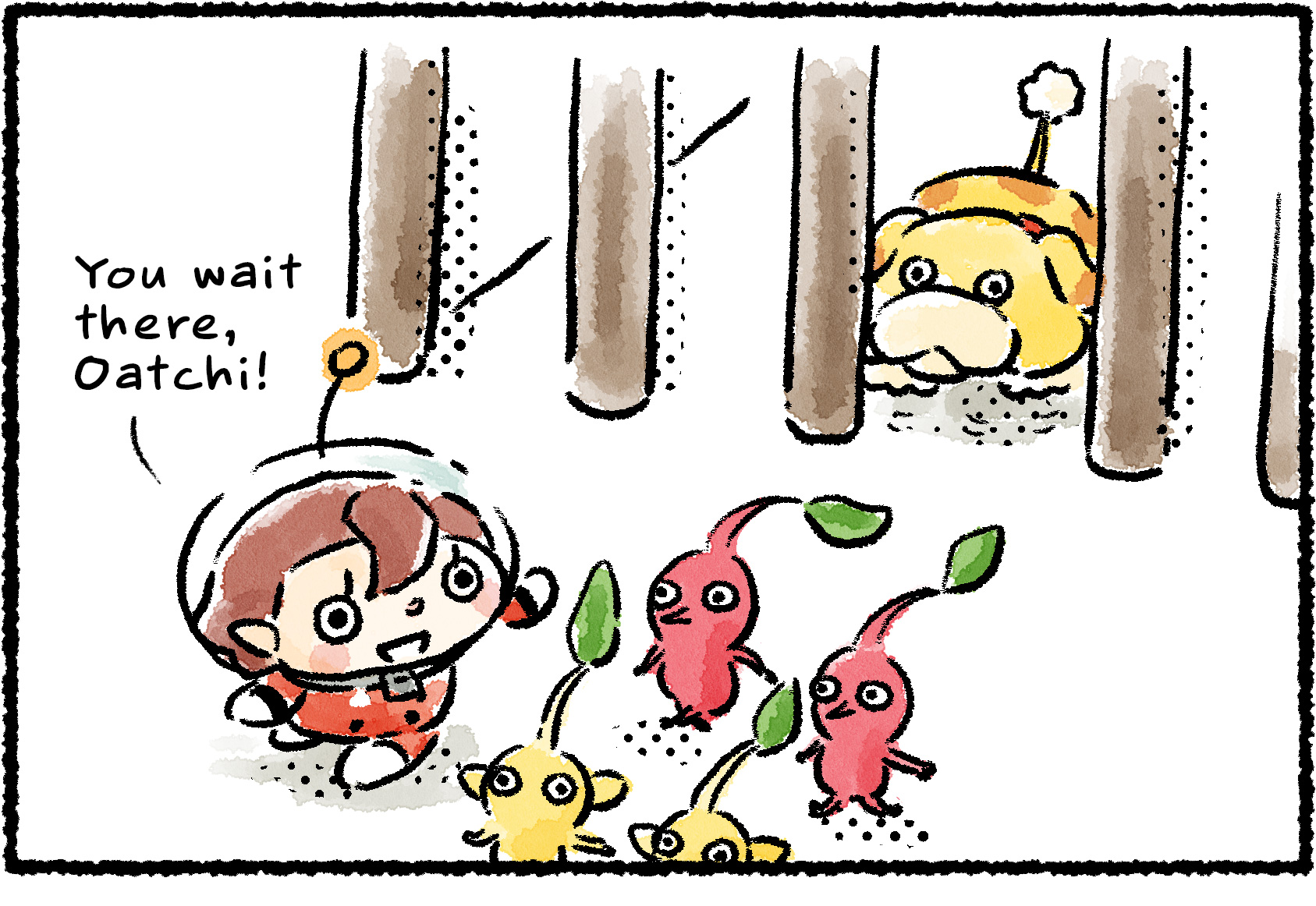 Panel one. A Rescue Officer and several Pikmin leave Oatchi behind on the far side of an iron fence. "You wait there, Oatchi!" the Rescue Officer says.