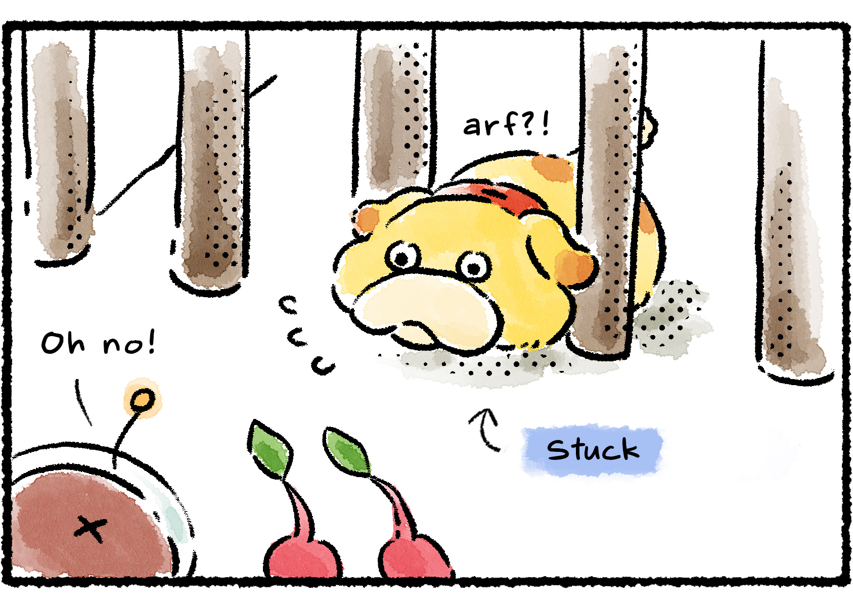 Panel two. Oatchi sticks his head through the bars and then lets out a distressed bark as he gets stuck. The Rescue Officer turns around and says, "Oh no!"