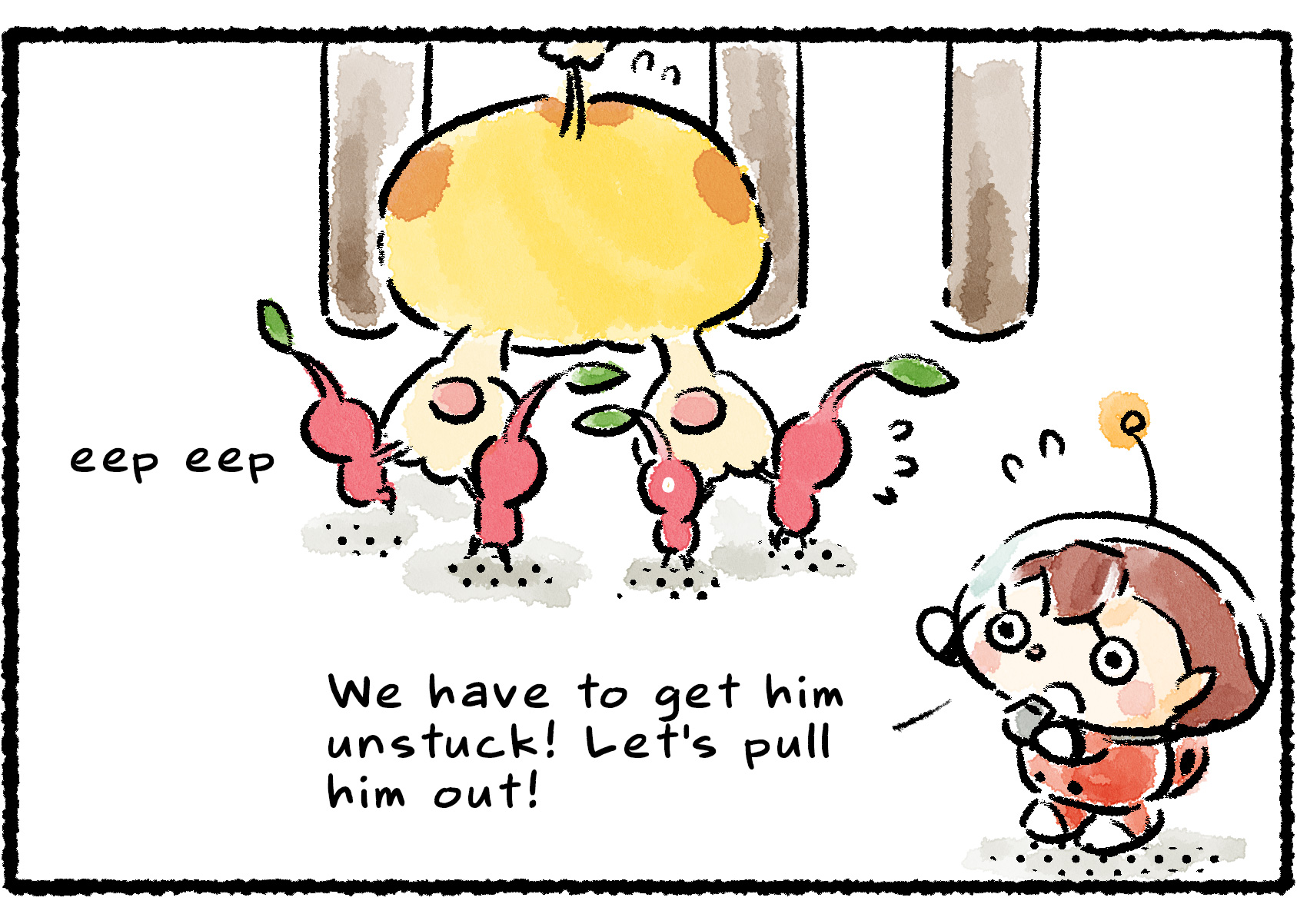 Panel three. "We have to get him unstuck!" the Rescue Officer says. "Let's pull him out!" Red Pikmin pull at Oatchi's feet from behind. "Aaand pull! PUUULL!" Oatchi remains stuck.