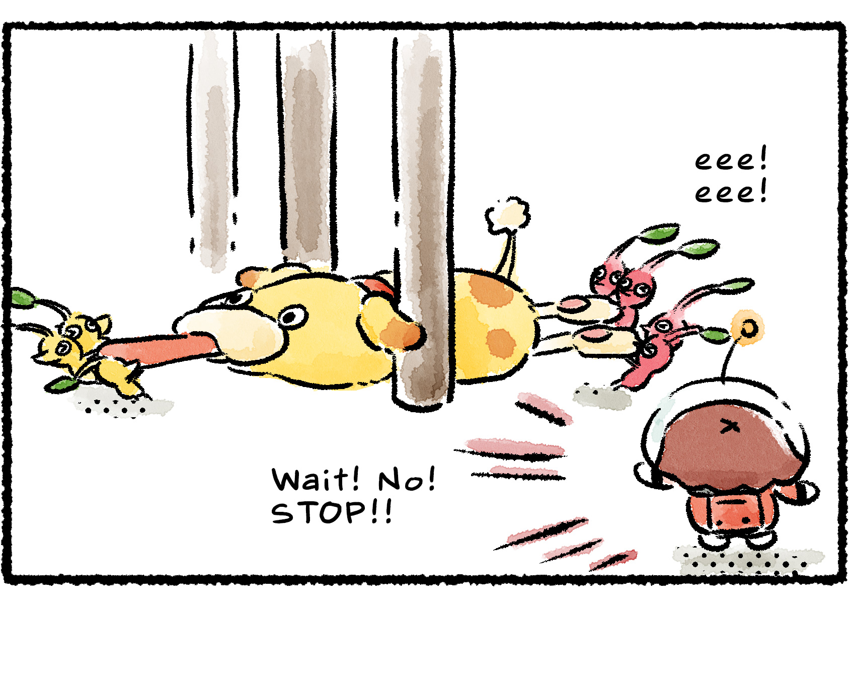 Panel four. From the side, we see why Oatchi is stuck: Yellow Pikmin are on the other side of the bars and pulling on Oatchi's tongue. "Wait! No!" the Rescue Officer says. "STOP!" Pulled in both directions, Oatchi is being stretched out.