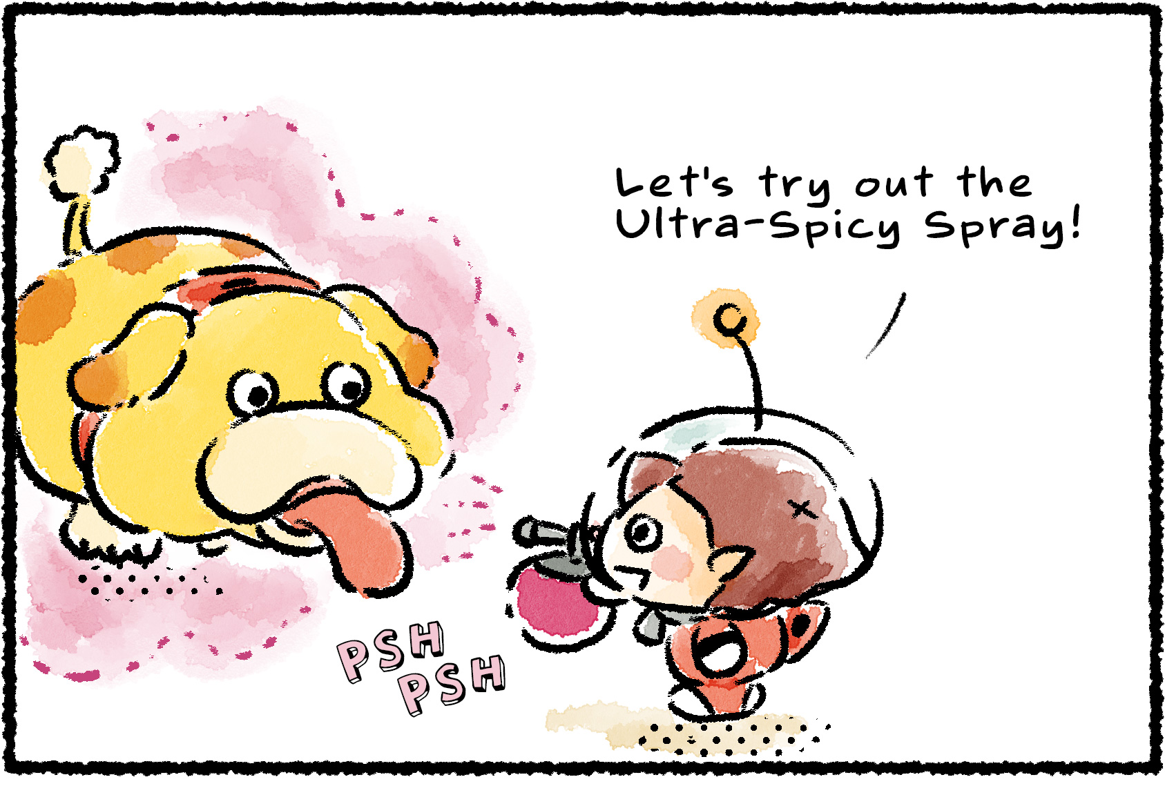 Panel one. A Rescue Officer approaches Oatchi with a bottle of Ultra-Spicy Spray in hand. "Let's try out the Ultra-Spicy Spray!" she says, and spritzes Oatchi with it.