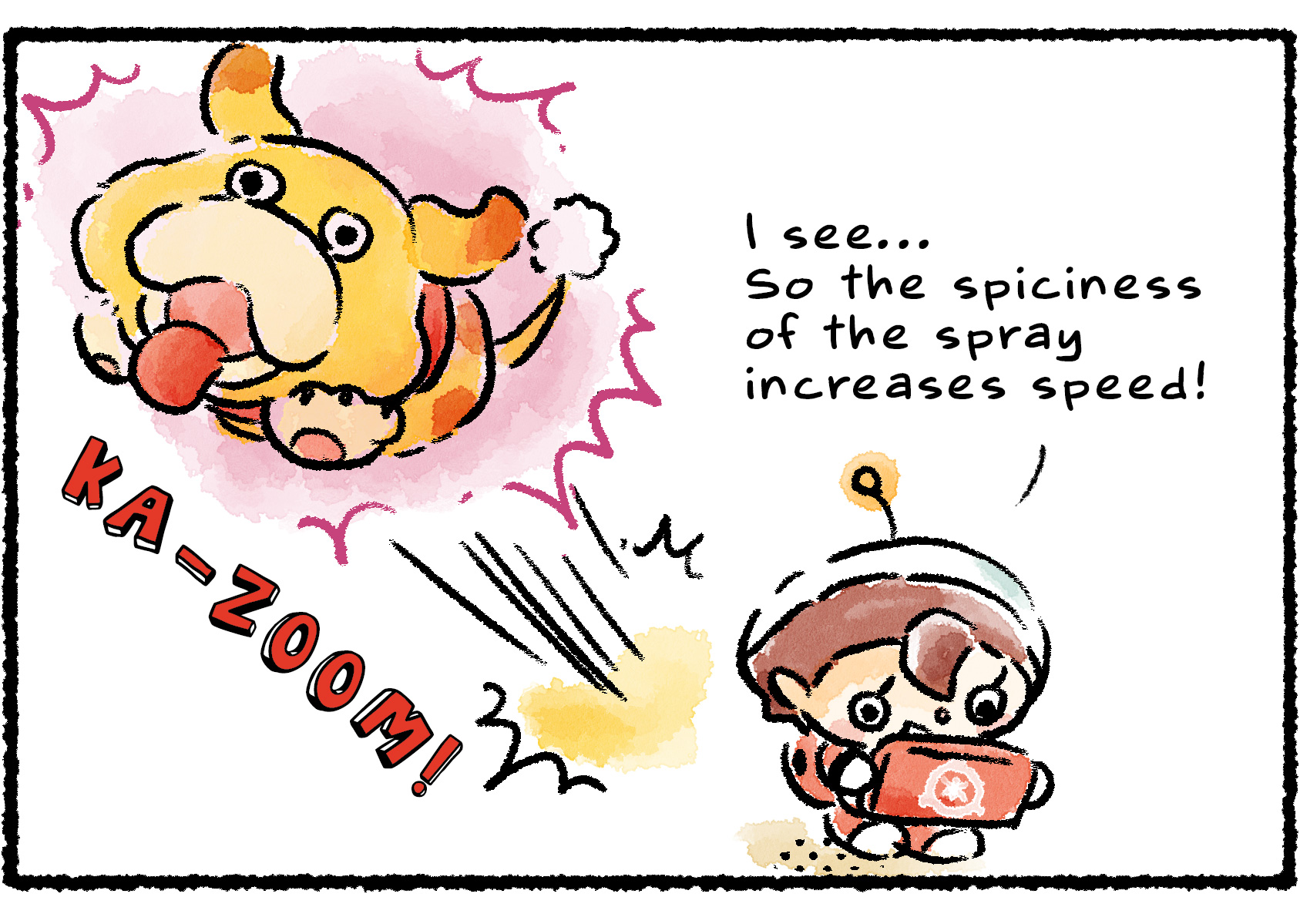 Panel two. Oatchi starts to zoom around. "I see," the Rescue Officer says, referencing her tablet. "So the spiciness of the spray increases speed!"