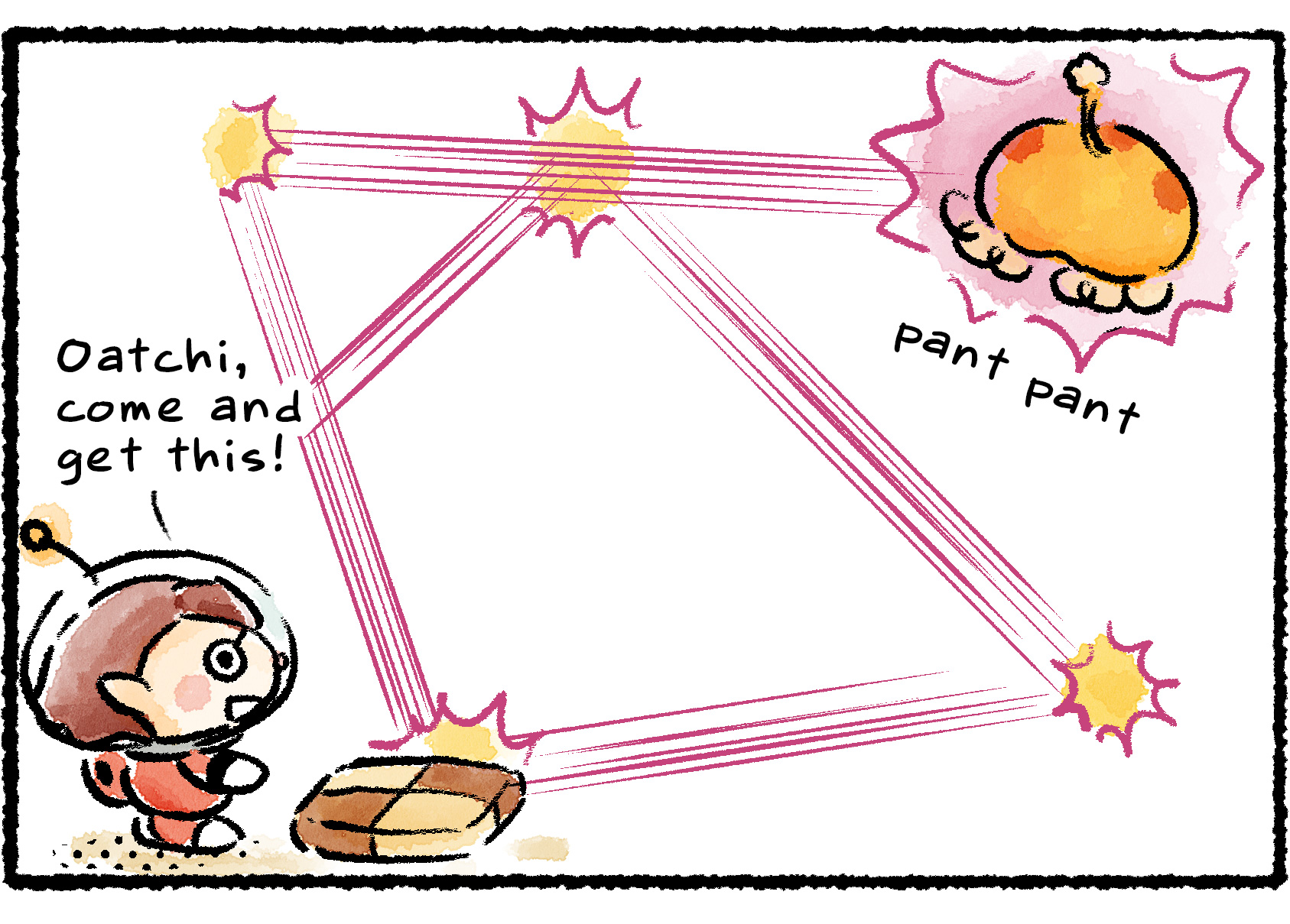 Panel three. The Rescue Officer stands next to a Cookie of Prosperity and tries to get Oatchi to come collect it. "Oatchi, come and get this!" Oatchi is bouncing off the walls.