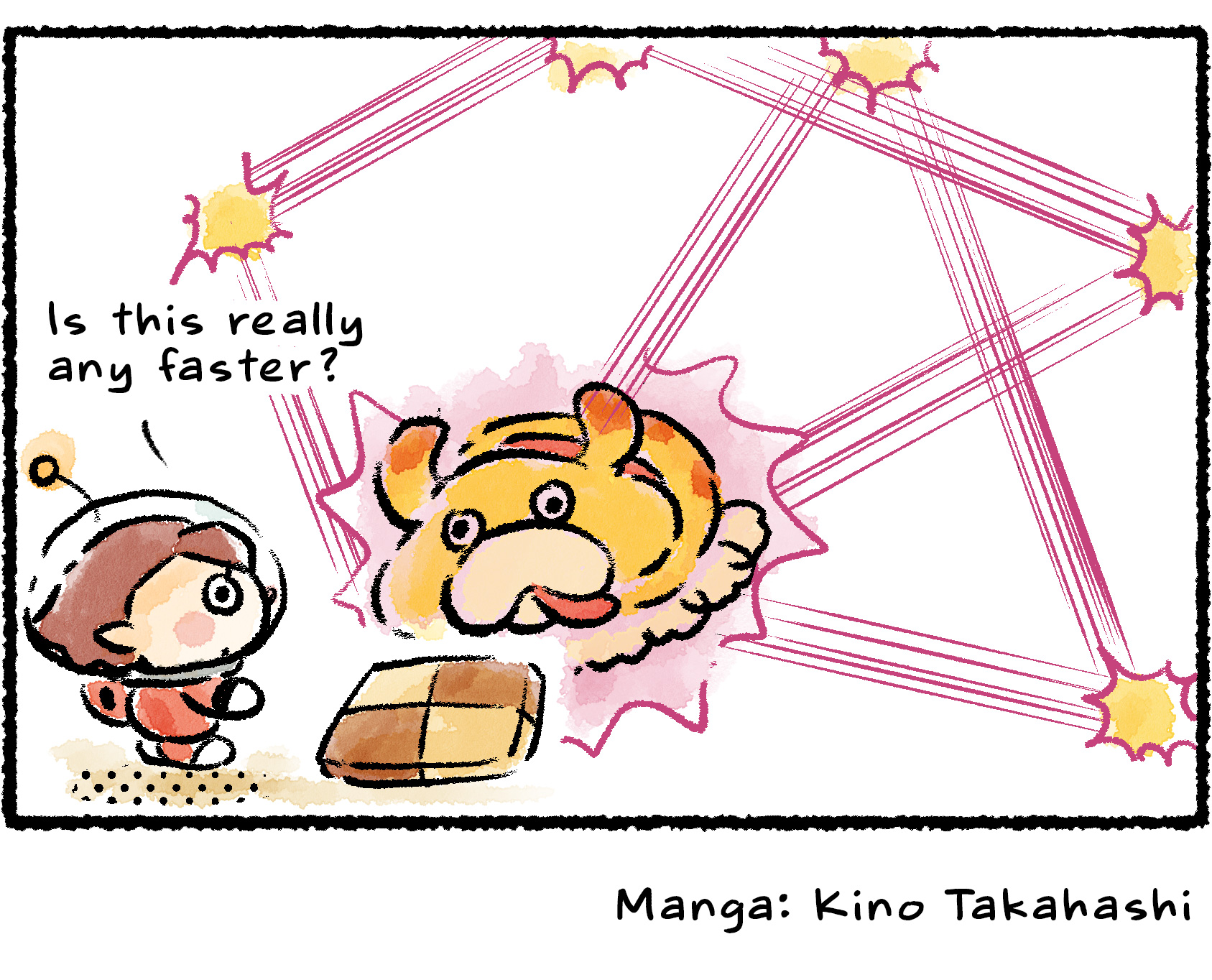 Panel four. Oatchi is so busy bouncing off the walls that it takes him quite a few bounces to get around to going near the cookie. "Is this really any faster?" the Rescue Officer wonders.