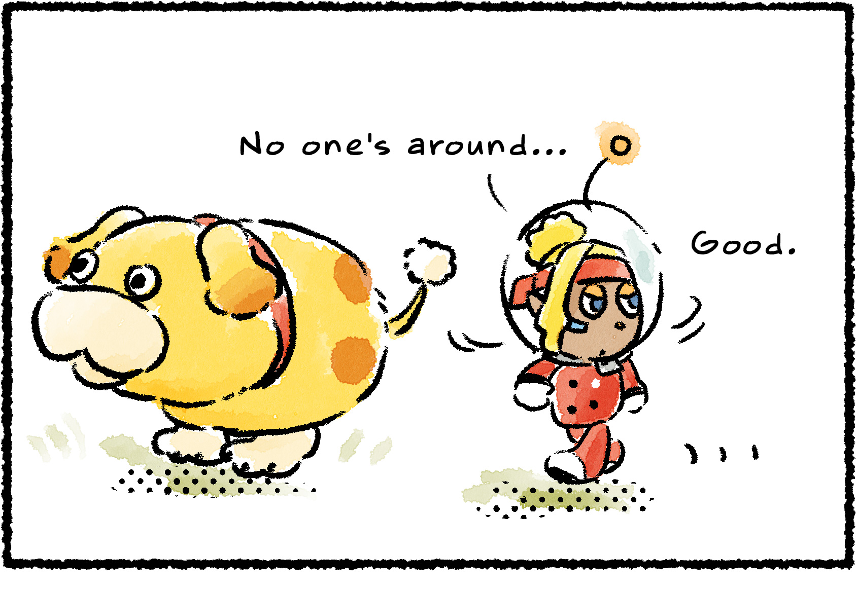 Panel one. Standing beside Oatchi, Shepherd takes a look to either side. "No one's around," she says. "Good."