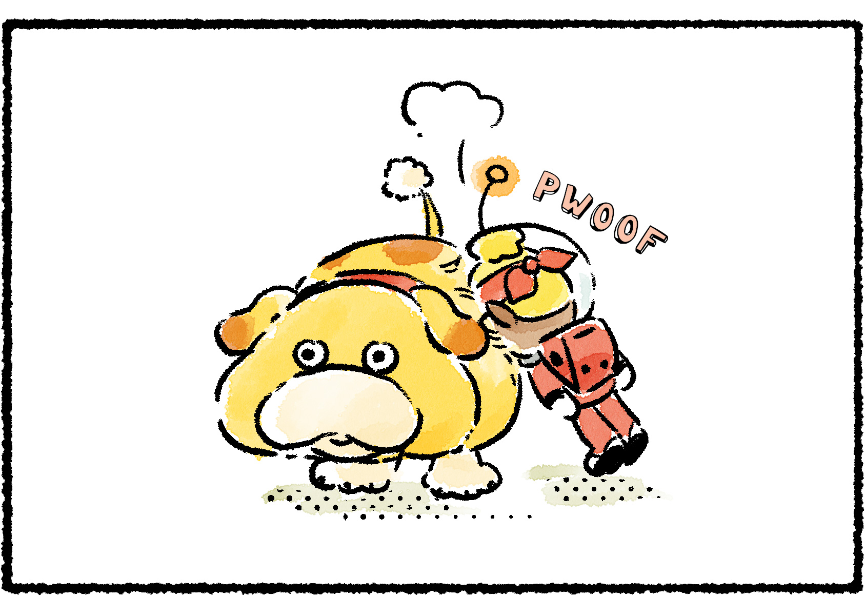 Panel two. While standing upright, Shepherd leans forward and plonks her face into Oatchi's fur.