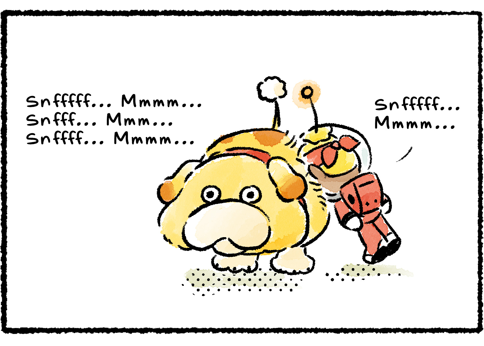 Panel three. Still in the same position, and apparently asleep, Shepherd begins snoring.