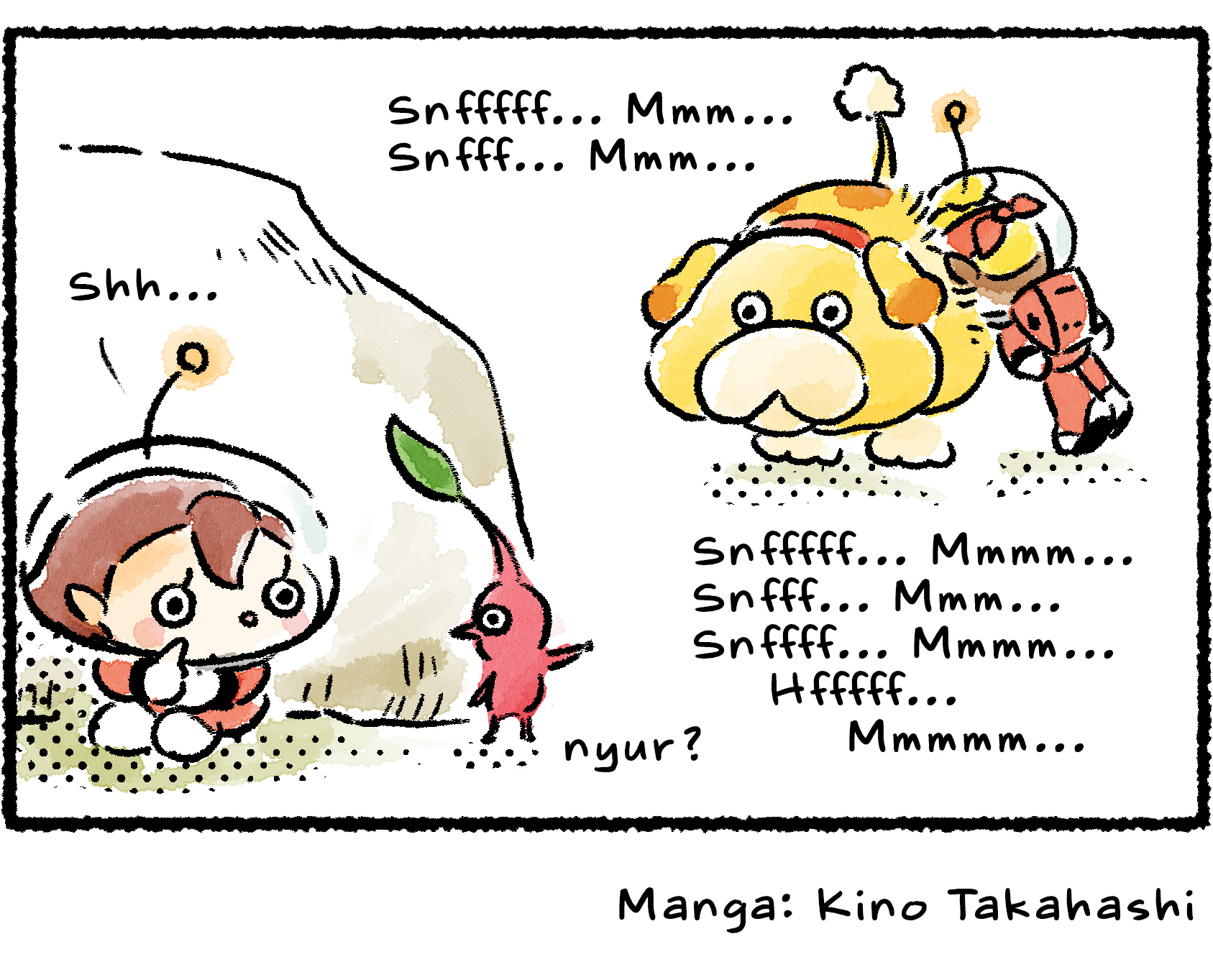 Panel four. A Red Pikmin points out the sleeping Shepherd to a Rescue Officer who is lurking behind a nearby rock. The Rescue Officer puts a finger to her lips: "Shh..."