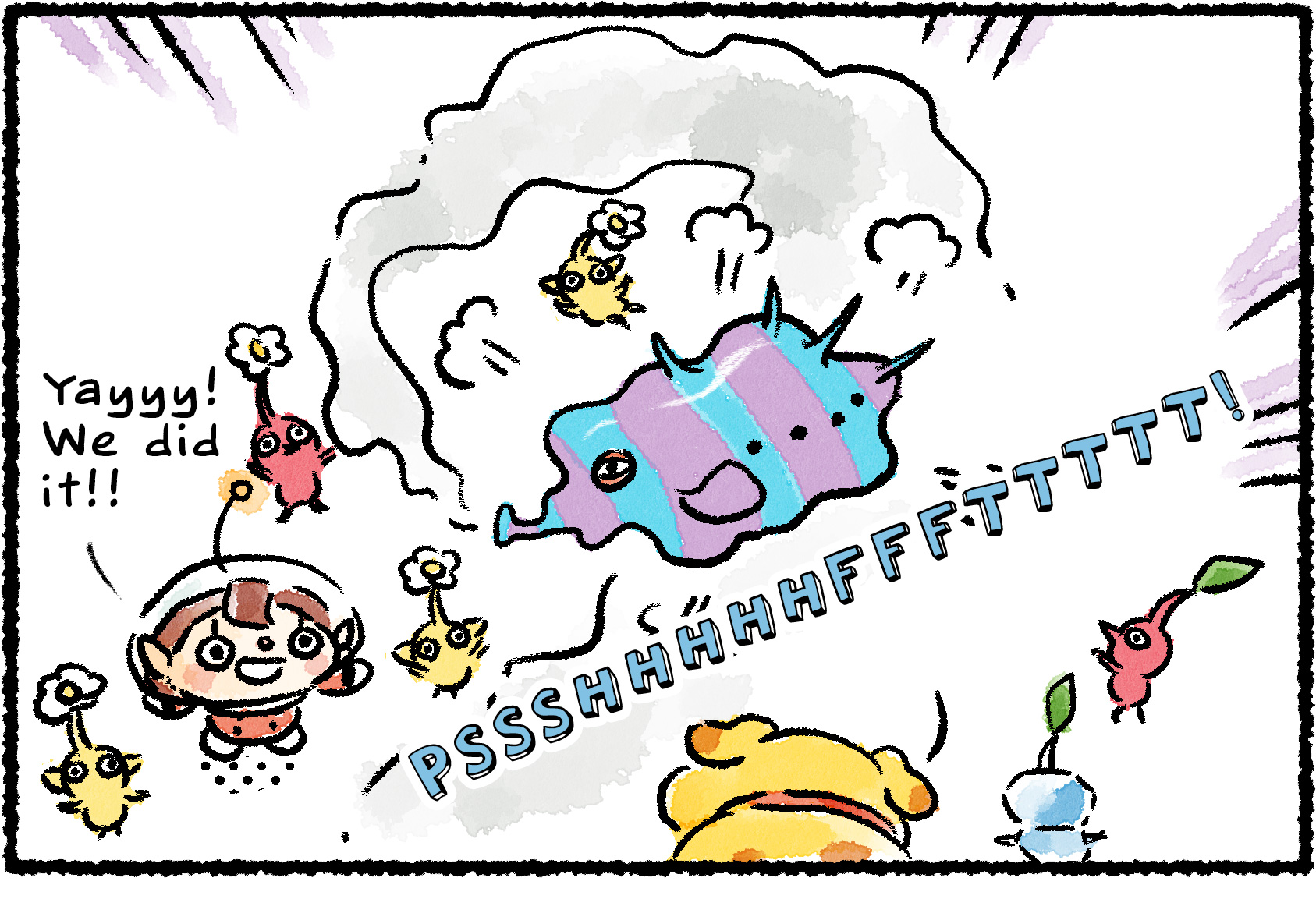 Panel one. Oatchi, a Rescue Officer, and several Pikmin defeat a Puffy Blowhog. "Yayyy!" the Rescue Officer says. "We did it!!" The Puffy Blowhog deflates with a loud sound: "Pssshhhhhfffttttt!"