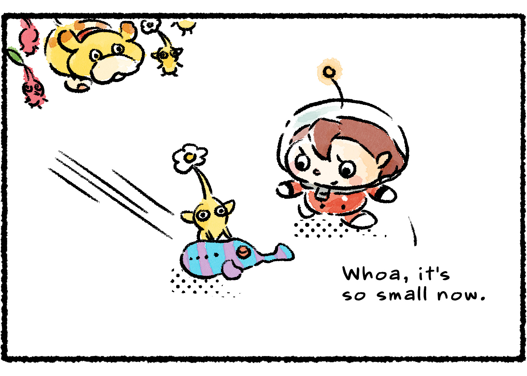 Panel two. The delfating Puffy Blowhog shrinks to a tiny size. "Whoa," the Rescue Officer says, "it's so small now." A lone Yellow Pikmin picks up the Puffy Blowhog and moves off with it.