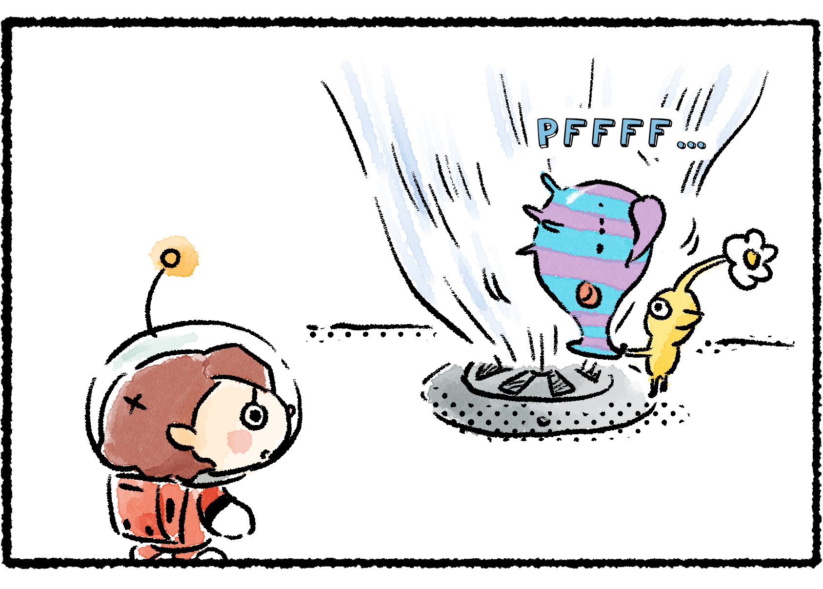 Panel three. The Yellow Pikmin holds the Puffy Blowhog over an air vent, apparently trying to reinflate it.