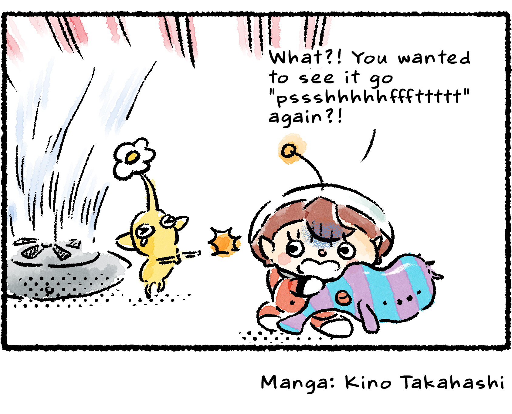 Panel four. A Rescue Officer, alarmed, takes the Puffy Blowhog away from the Yellow Pikmin. "What?!" she says. "You wanted to see it go 'pssshhhhhfffttttt' again?!"