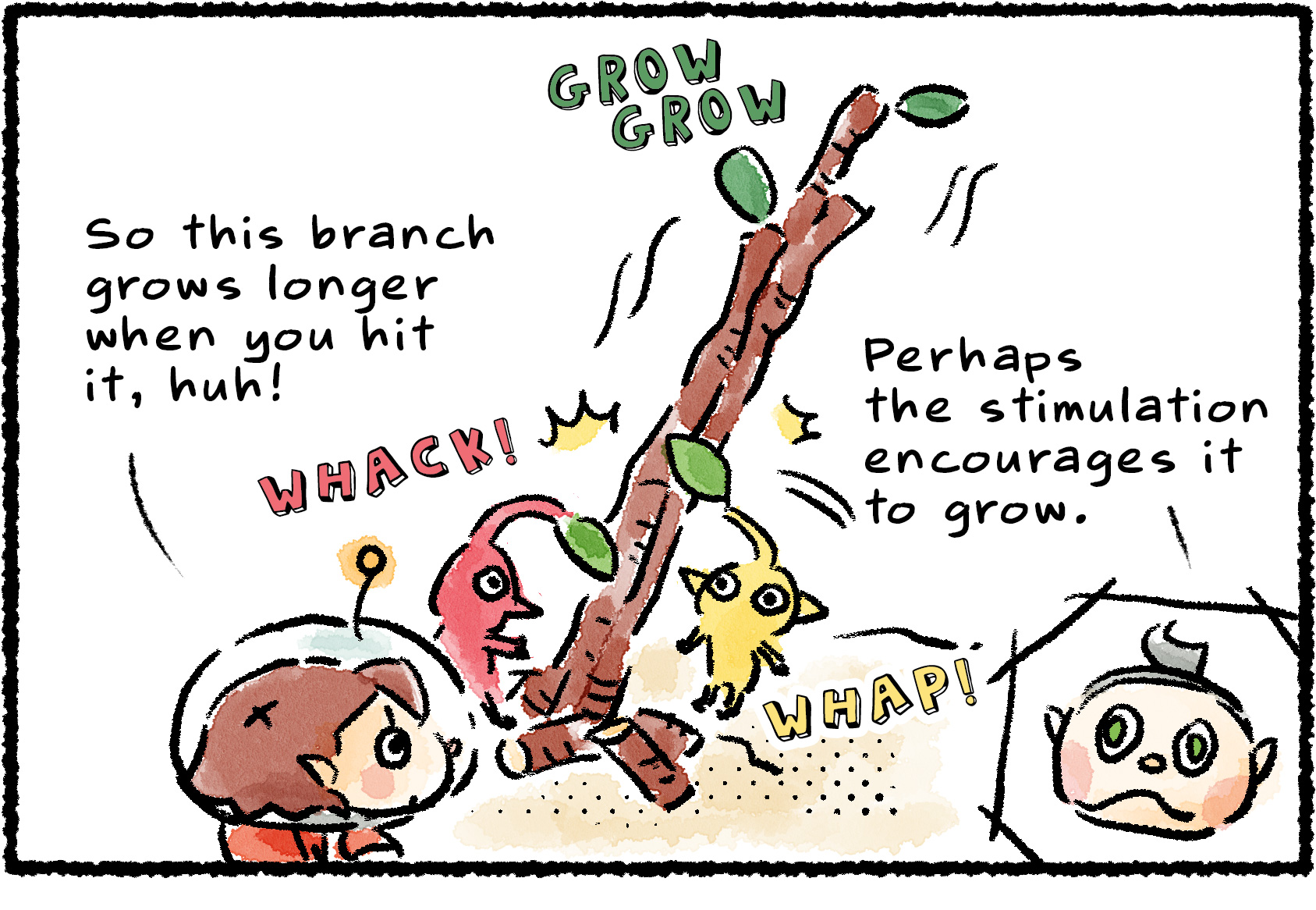 Panel one. A Red and Yellow Pikmin are hitting a branch, which grows with each hit. "So this branch grows longer when you hit it, huh!" a Rescue Officer says. Collin says, "Perhaps the stimulation encourages it to grow."
