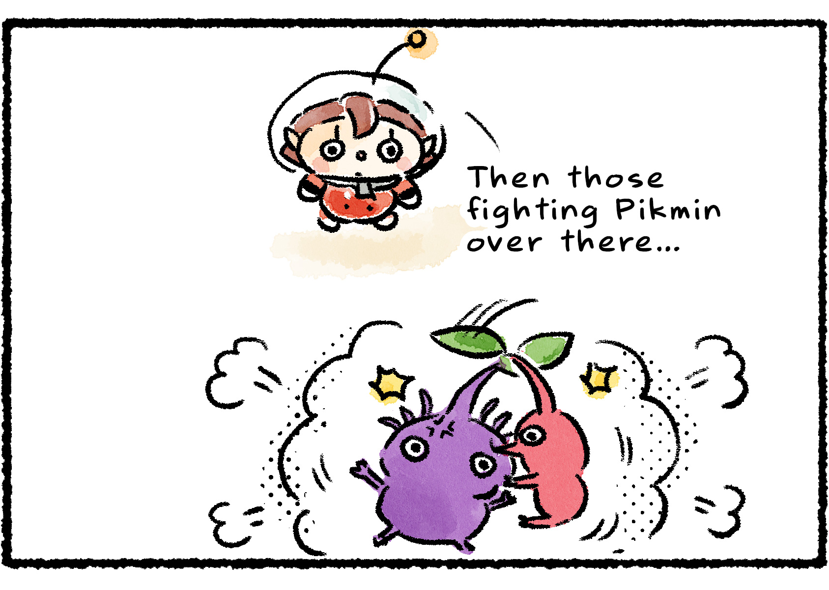 Panel two. The Rescue Officer looks at a Red Pikmin and a Purple Pikmin that appear to be fighting. "Then those fighting Pikmin over there..."