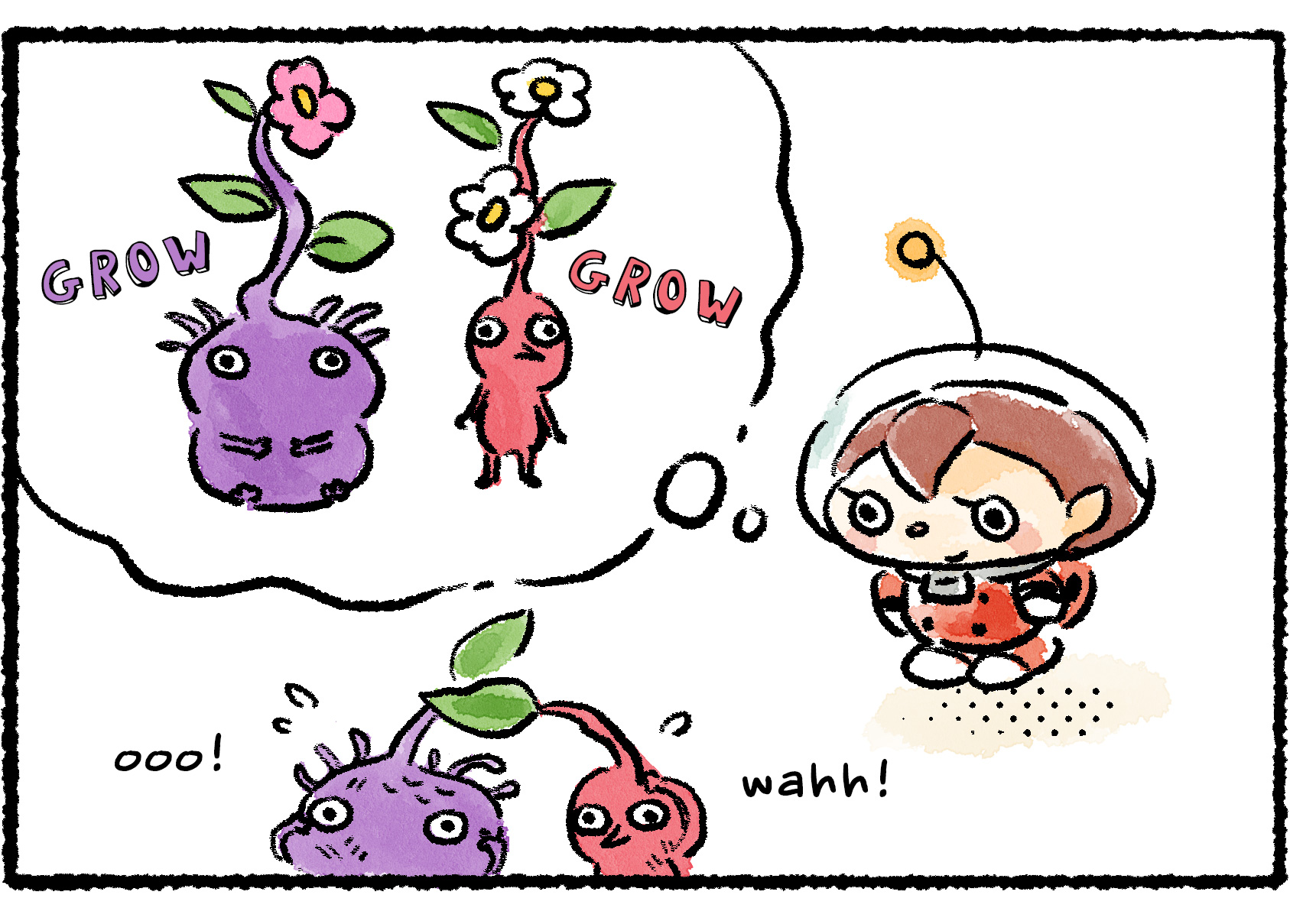 Panel three. Watching the Red Pikmin and Purple Pikmin stand side by side after fighting, the Rescue Officer imagines each of them with tall flowers blooming atop their heads.
