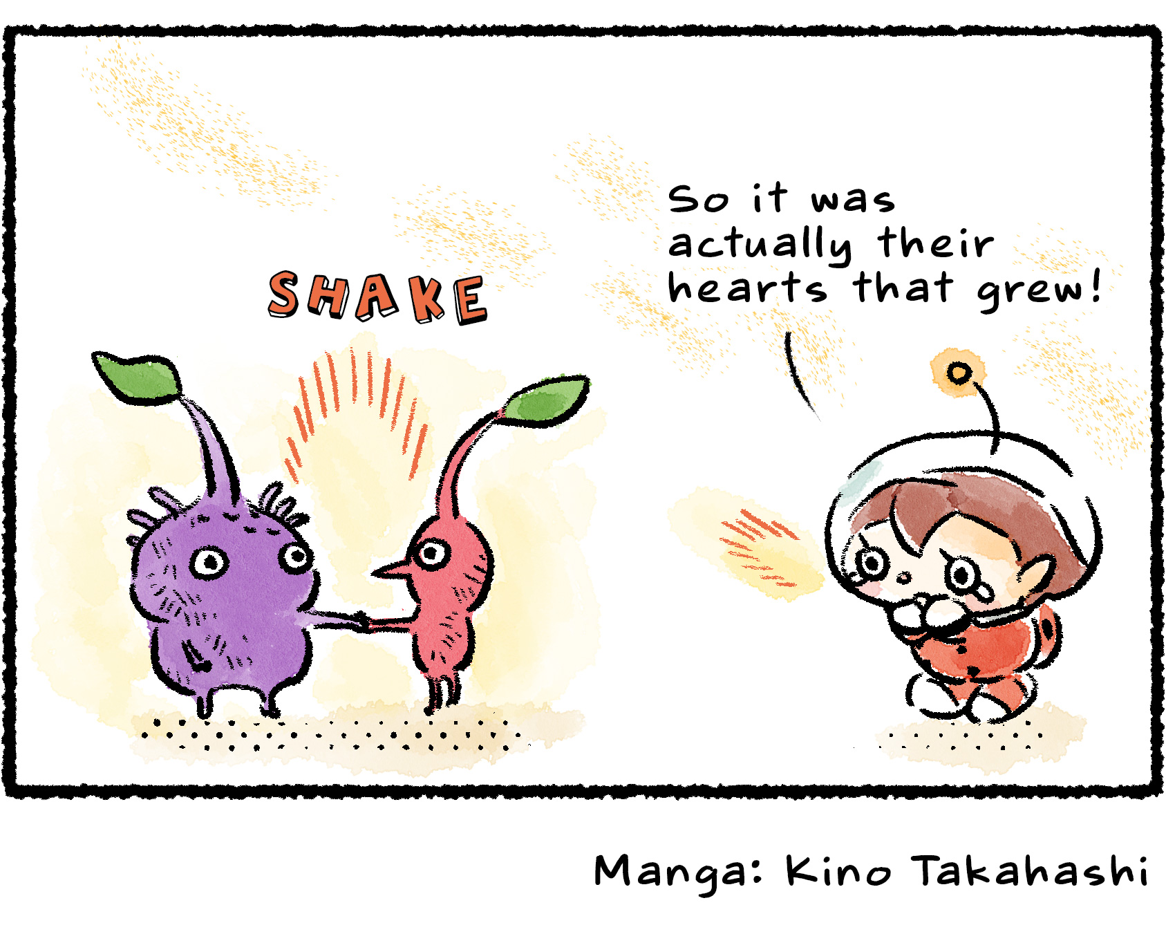 Panel four. The Red and Purple Pikmin haven't grown any flowers, but they are now shaking hands. The Rescue Officer is overwhelmed with emotion. "So it was actually their hearts that grew!" she says.