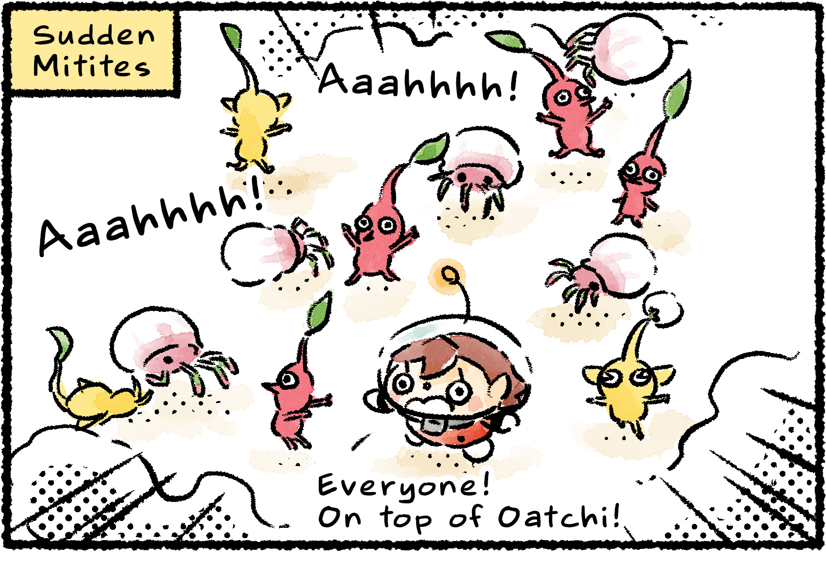 Panel one. A Rescue Officer and a group of Pikmin are screaming in panic as they're ambushed by Mitites. "Everyone!" the Rescue Officer says. "On top of Oatchi!"