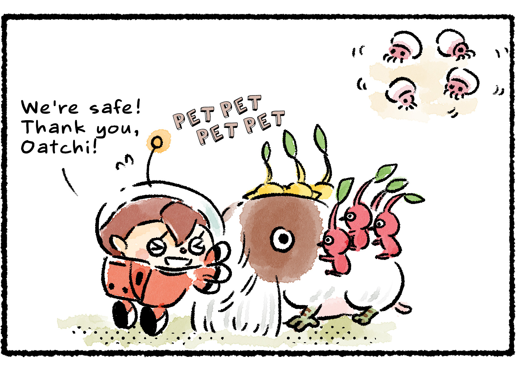 Panel two. The Pikmin all jump on to a nearby Bearded Amprat, mistaking it for Oatchi. The Rescue Officer, eyes shut tight in fear, also fails to realize. "We're safe!" she says, petting the Bearded Amprat's beard. "Thank you, Oatchi!"