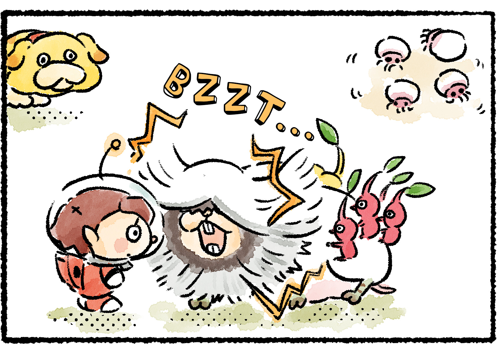 Panel three. Oatchi watches from a distance as the Bearded Amprat opens its mouth and begins to generate electricity. The Rescue Officer opens her eyes, but it's too late.