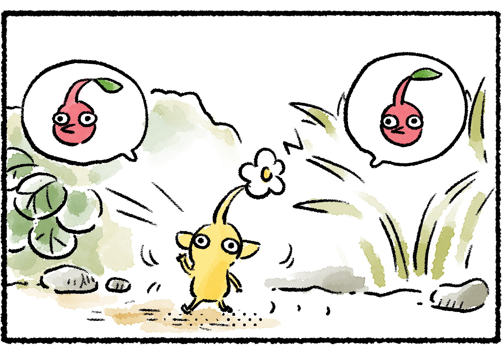 Panel two. A Yellow Pikmin is waving and calling out. Speech bubbles next to it show Red Pikmin, suggesting the Yellow Pikmin thinks that's what it's calling to.