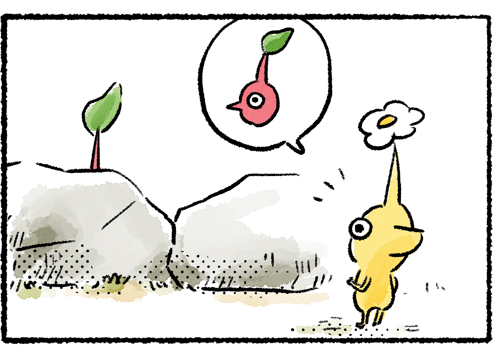 Panel three. The Yellow Pikmin is shown to be calling out to what looks like the top of a Red Pikmin poking out from behind a rock.