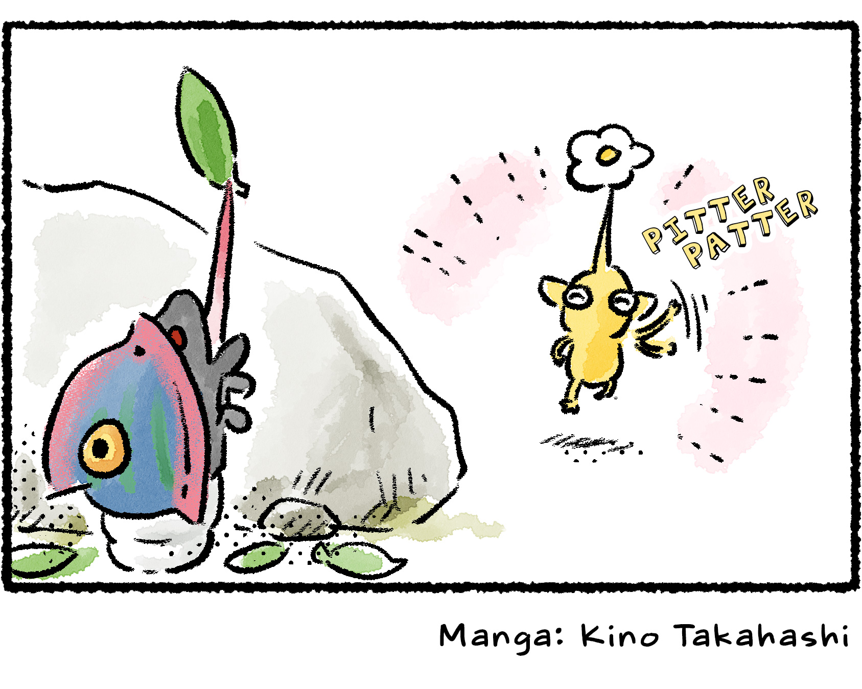 Panel four. Seen from the other side of the rock, what the Yellow Pikmin is actually calling out to is a Joustmite that has a green leaf stuck to the end of its needle.