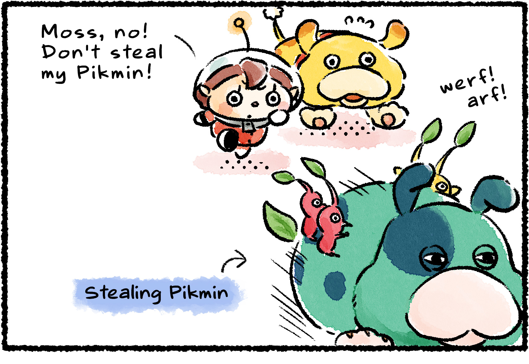 Panel one. Oatchi and a Rescue Officer chase after Moss, who is carrying several Pikmin on her back. "Moss, no!" the Rescue Officer says. "Don't steal my Pikmin!"