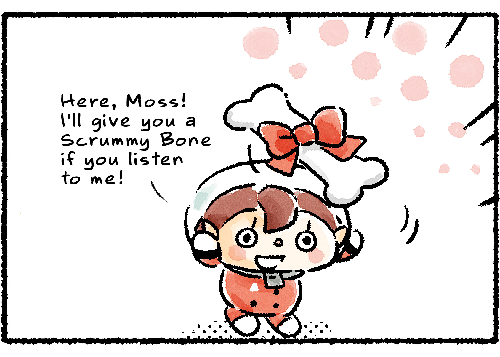 Panel two. The Rescue Officer holds up a Scrummy Bone. "Here, Moss!" she says. "I'll give you a Scrummy Bone if you listen to me!"