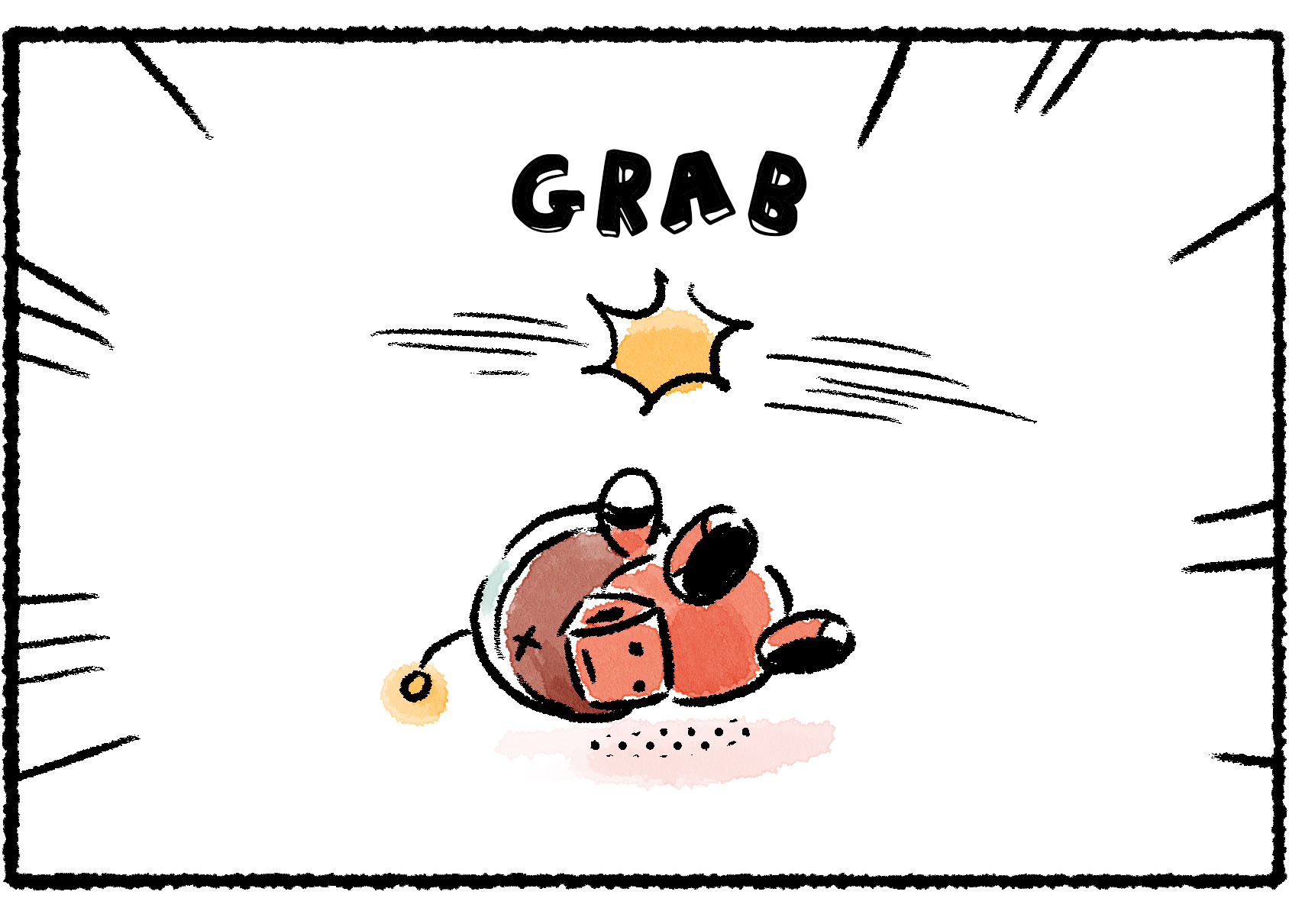 Panel three. The Rescue Officer has been knocked over onto her side. Motion lines appear in the air over her—whatever swept through and grabbed the Scrummy Bone moved so fast that it's not shown.