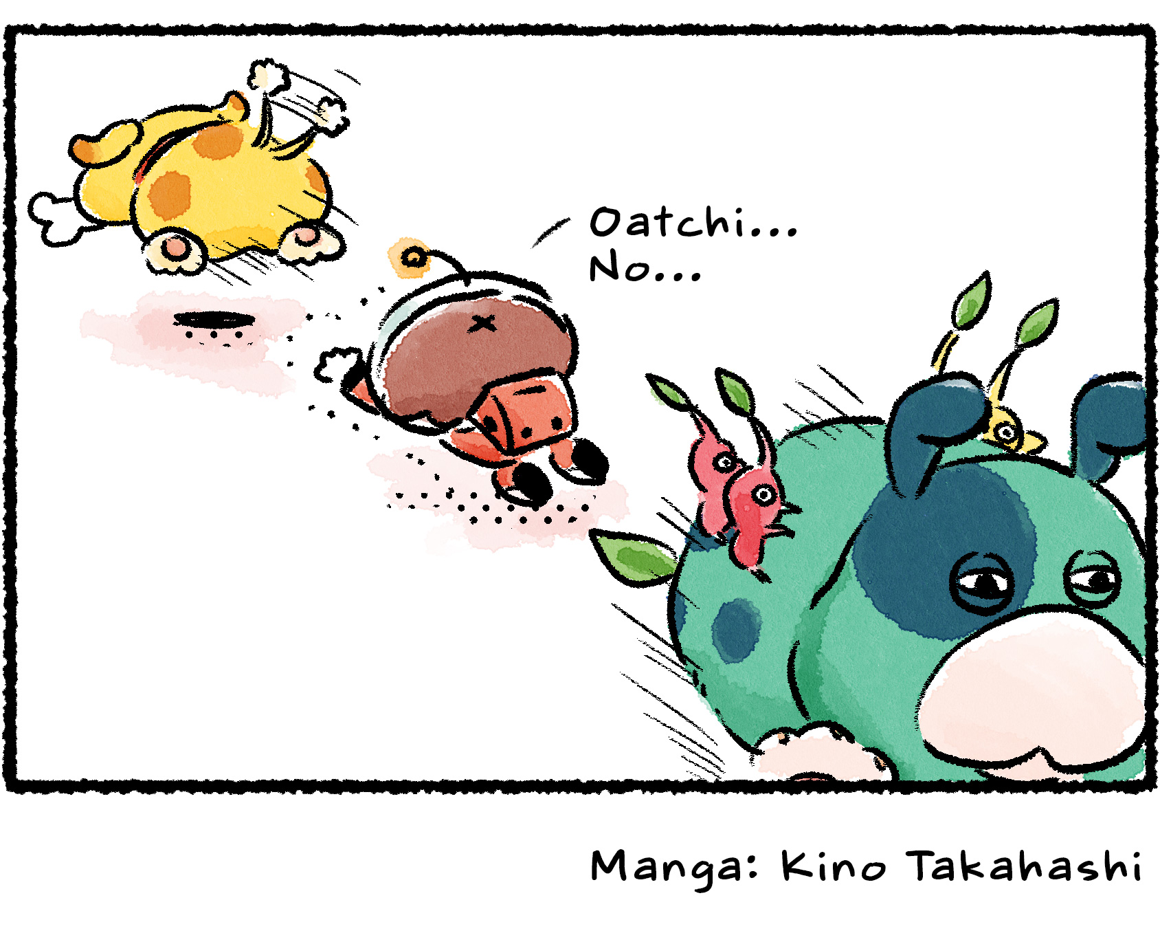 Panel four. The Rescue Officer reaches out toward Oatchi in the distance, who is making off with the Scrummy Bone. "Oatchi... No..." Meanwhile, Moss runs off with the Pikmin in the opposite direction.