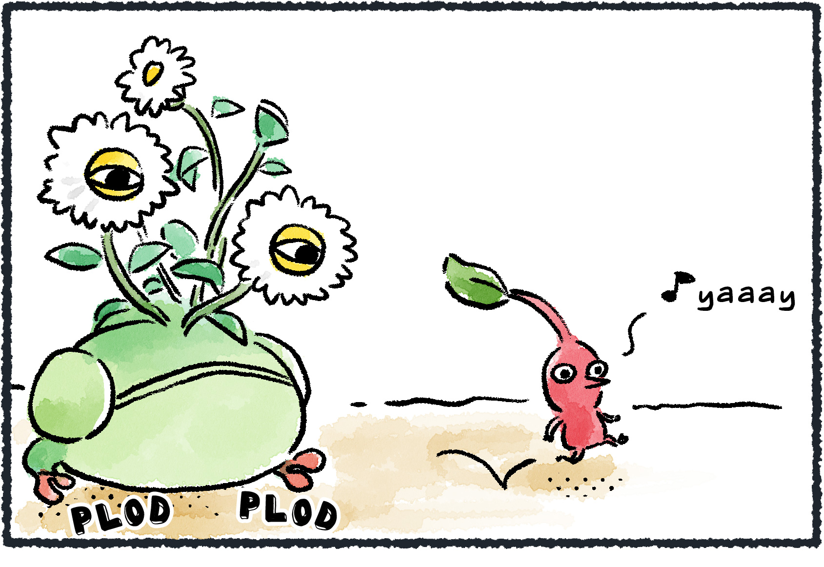 Panel one. A Red Pikmin happily bounces along, saying "yaaay!" It doesn't realize a Creeping Chrysanthemum is following it.