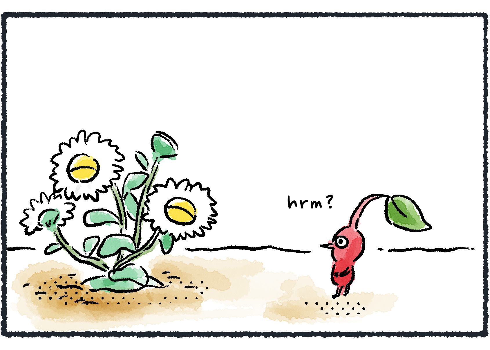 Panel two. The Red Pikmin now suspects something, but by the time it turns around the Creeping Chrysanthemum has burrowed into the ground and disguised itself as ordinary flowers. The Red Pikmin is confused: "hrm?"