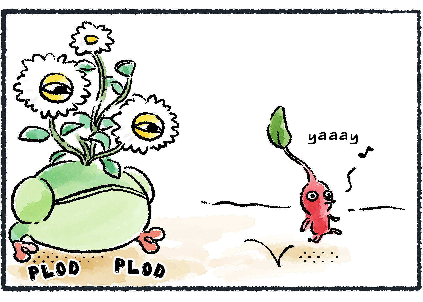 Panel three. The Red Pikmin decides nothing is wrong, and goes back to bouncing along and saying "yaaay!" The Creeping Chrysanthemum is following it again.