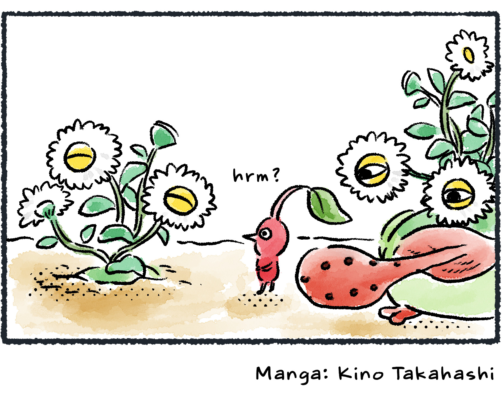 Panel four. The Red Pikmin turns around again. While it examines the ordinary-looking flowers, a second Creeping Crysanthemum sneaks up from the other side. Its tongue comes out as it moves to eat the unsuspecting Pikmin.