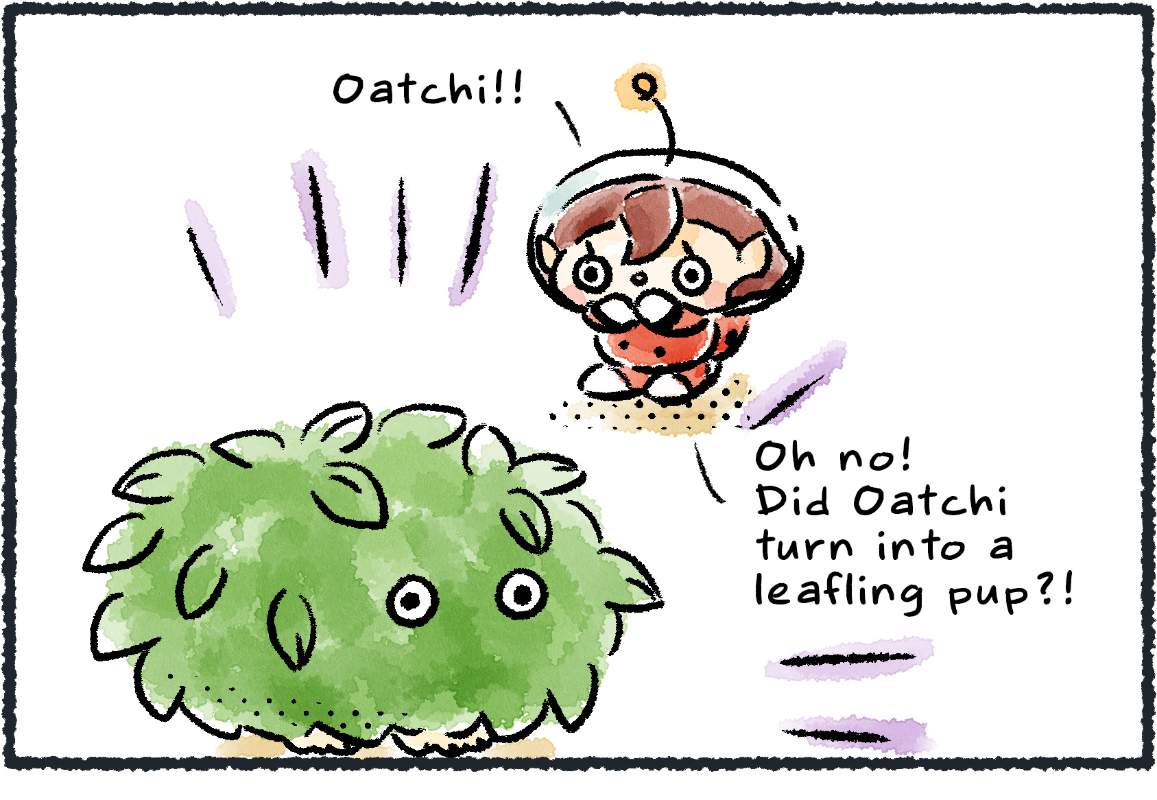 Panel one. A Rescue Officer finds Oatchi covered all over in green leaves. "Oh no!" she says. "Did Oatchi turn into a leafling pup?!"