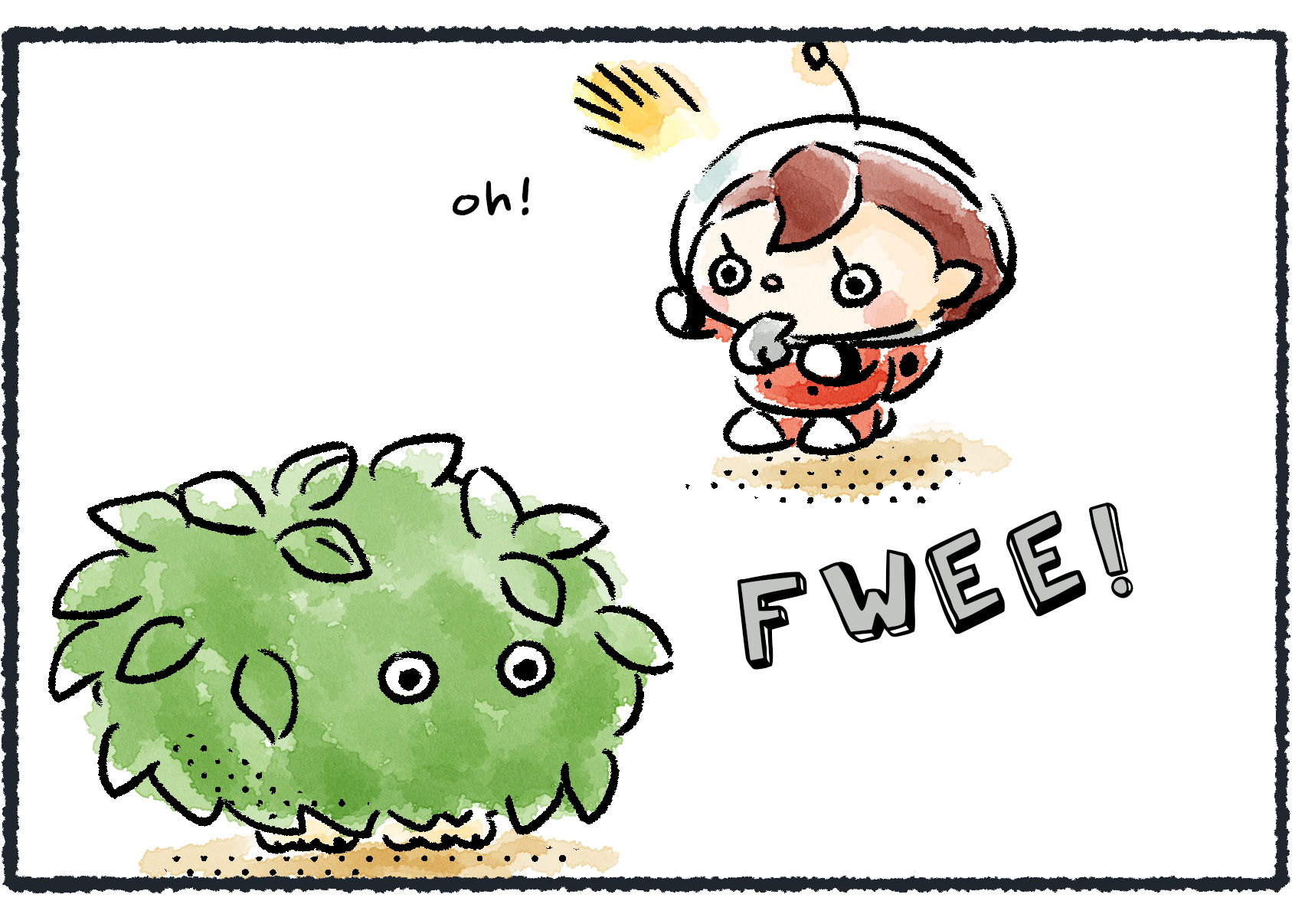 Panel three. Not seeing any Pikmin around, the Rescue Officer realizes what's going on. "Oh!"