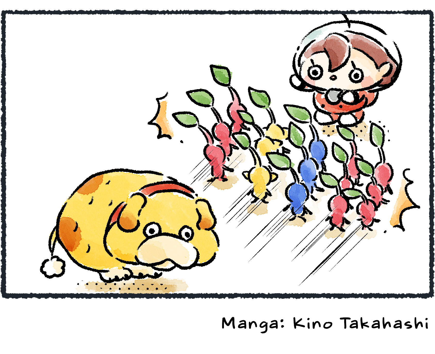 Panel four. The Rescue Officer blows her whistle: "fwee!" All the Pikmin jump off Oatchi and come running. He wasn't turned into a leafling pup—he was covered in so many Pikmin that only their head-leaves were visible.