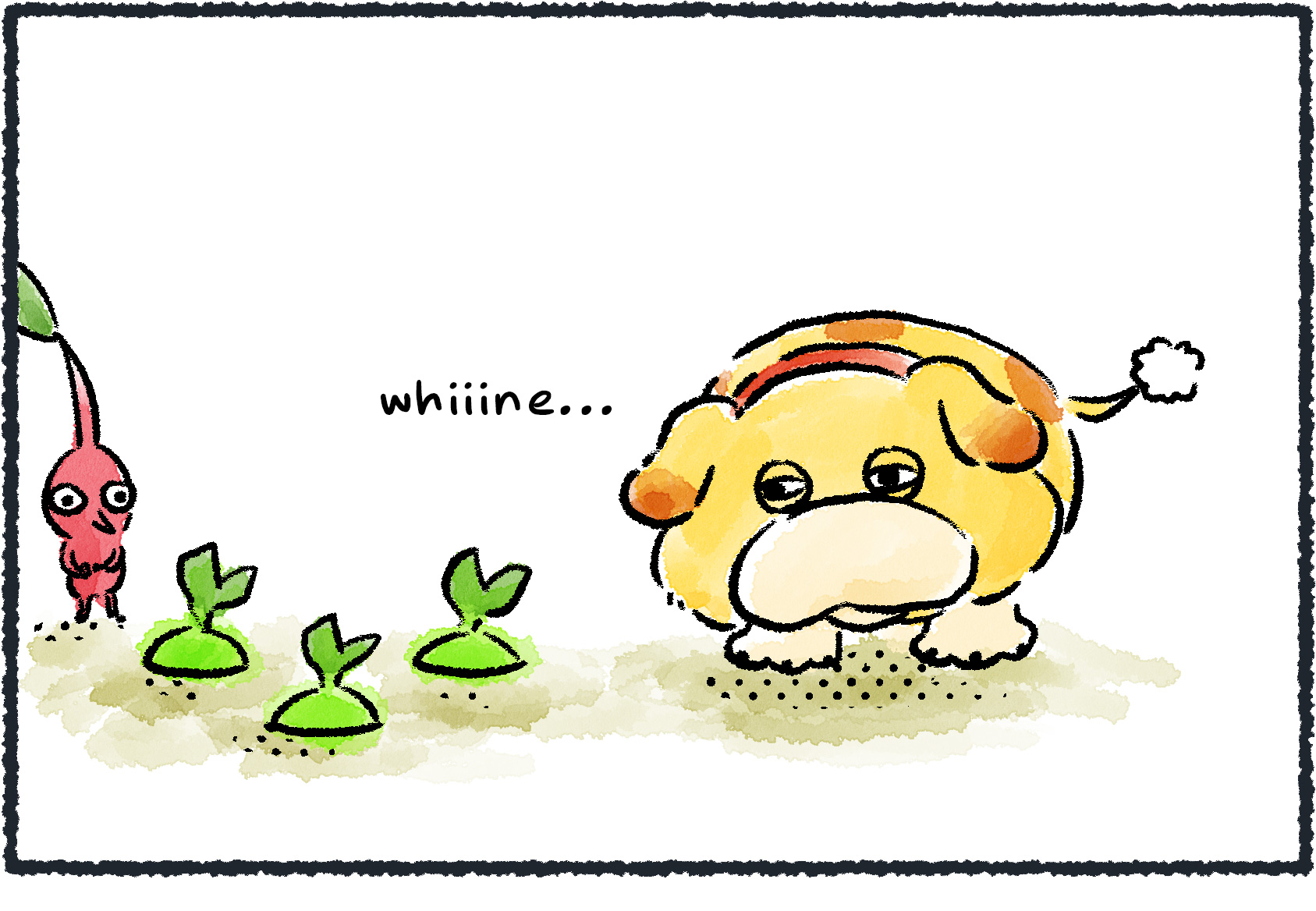 Panel one. Oatchi and a Red Pikmin are watching the ground where some Glow Seeds are planted. Oatchi is whining because the seeds haven't sprouted.