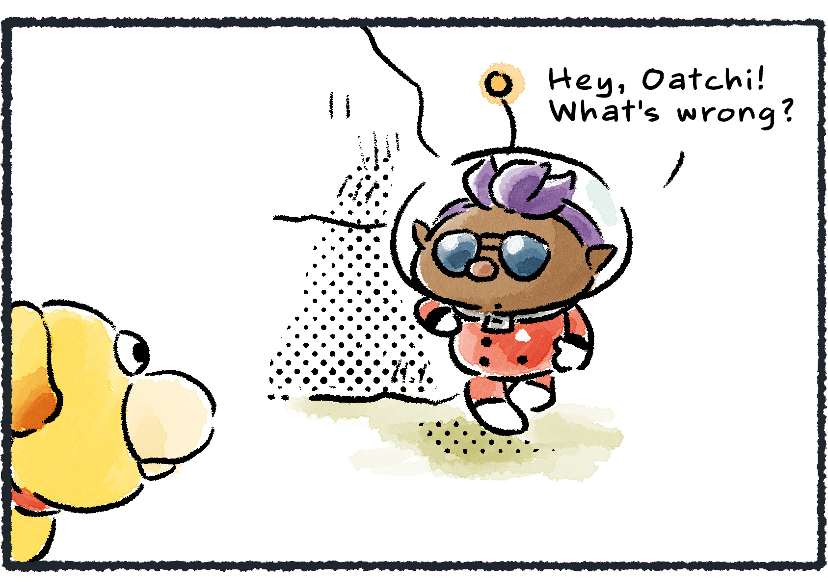 Panel three. Bernard passes by Oatchi and says, "Hey, Oatchi! What's wrong?" Seeing Bernard gives Oatchi an idea.