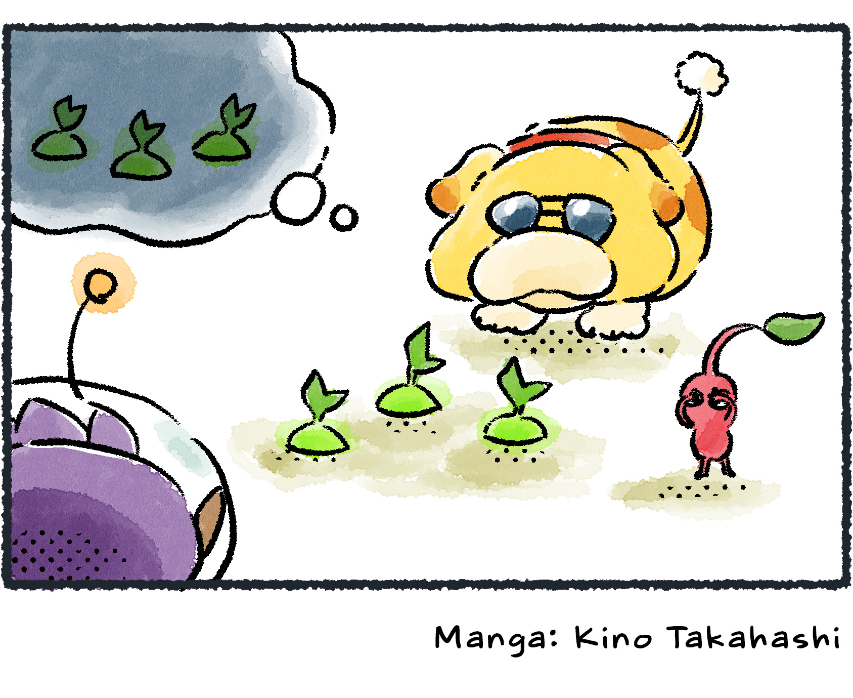 Panel four. Oatchi and the Red Pikmin are wearing sunglasses like Bernard's. Now Oatchi thinks the Glow Seeds are in a dark place because the glasses make everything look dark to him.