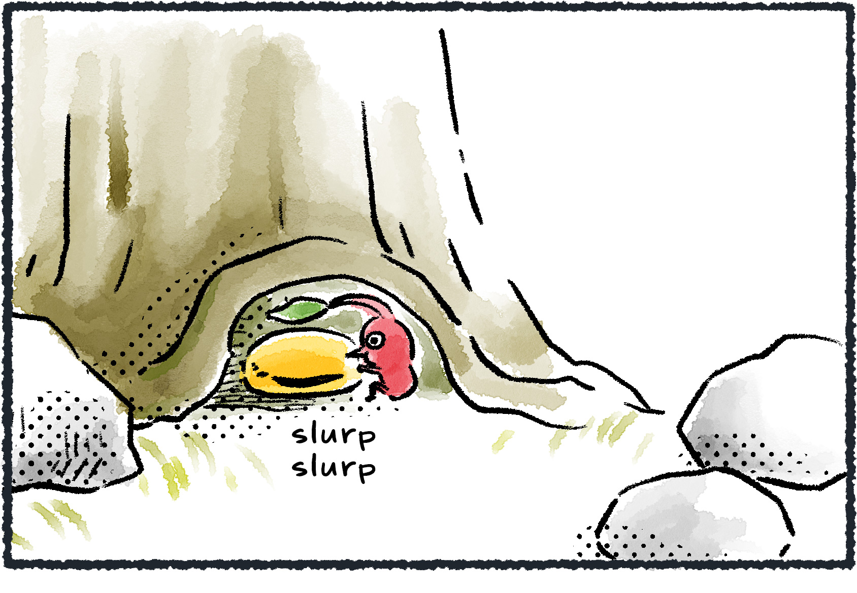 Panel one. A lone Red Pikmin is slurping up nectar in the hollow of a tree.