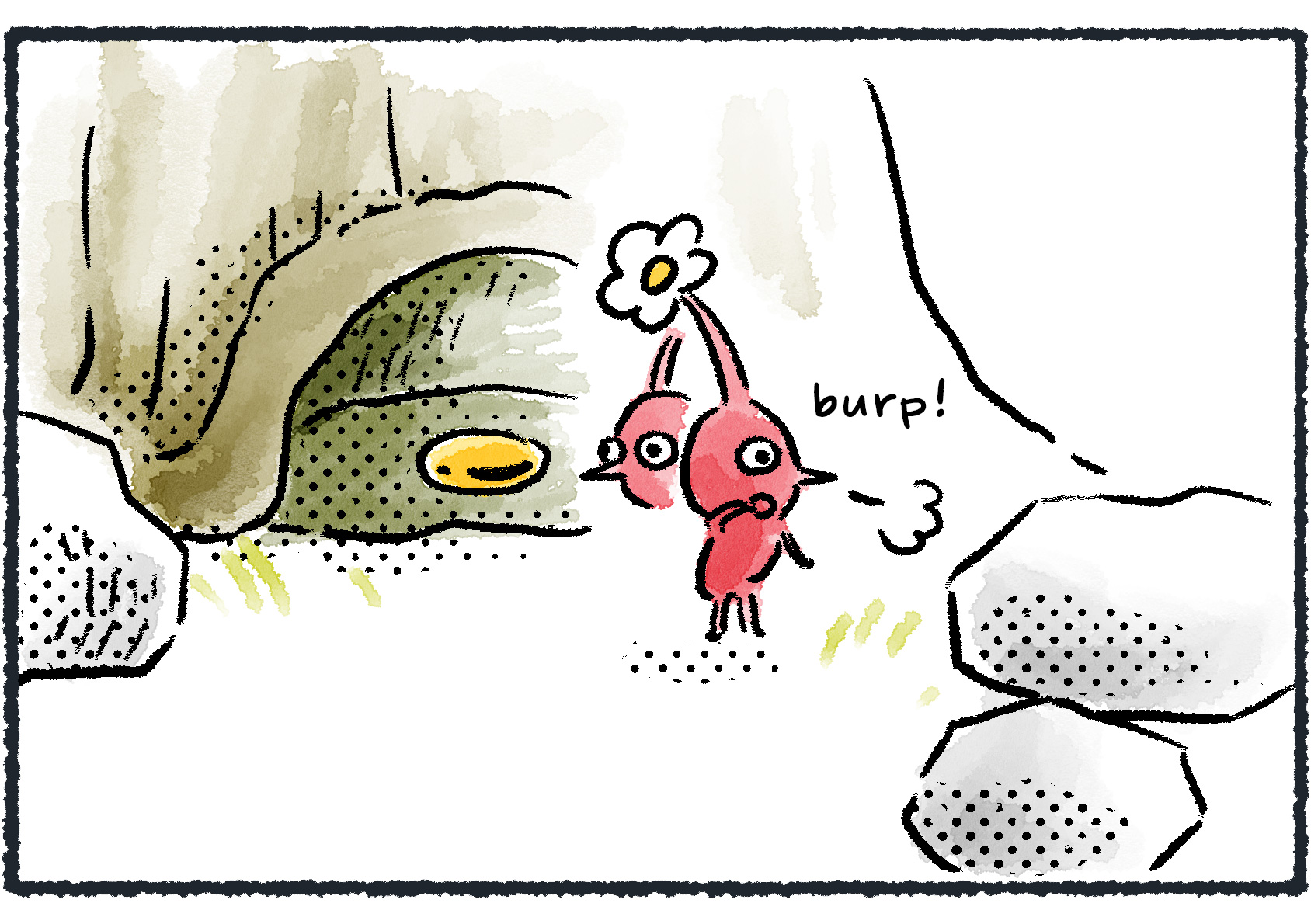 Panel two. The Red Pikmin is done eating, but wants to save the leftovers for later. With a satisfied burp, it looks around for a solution.