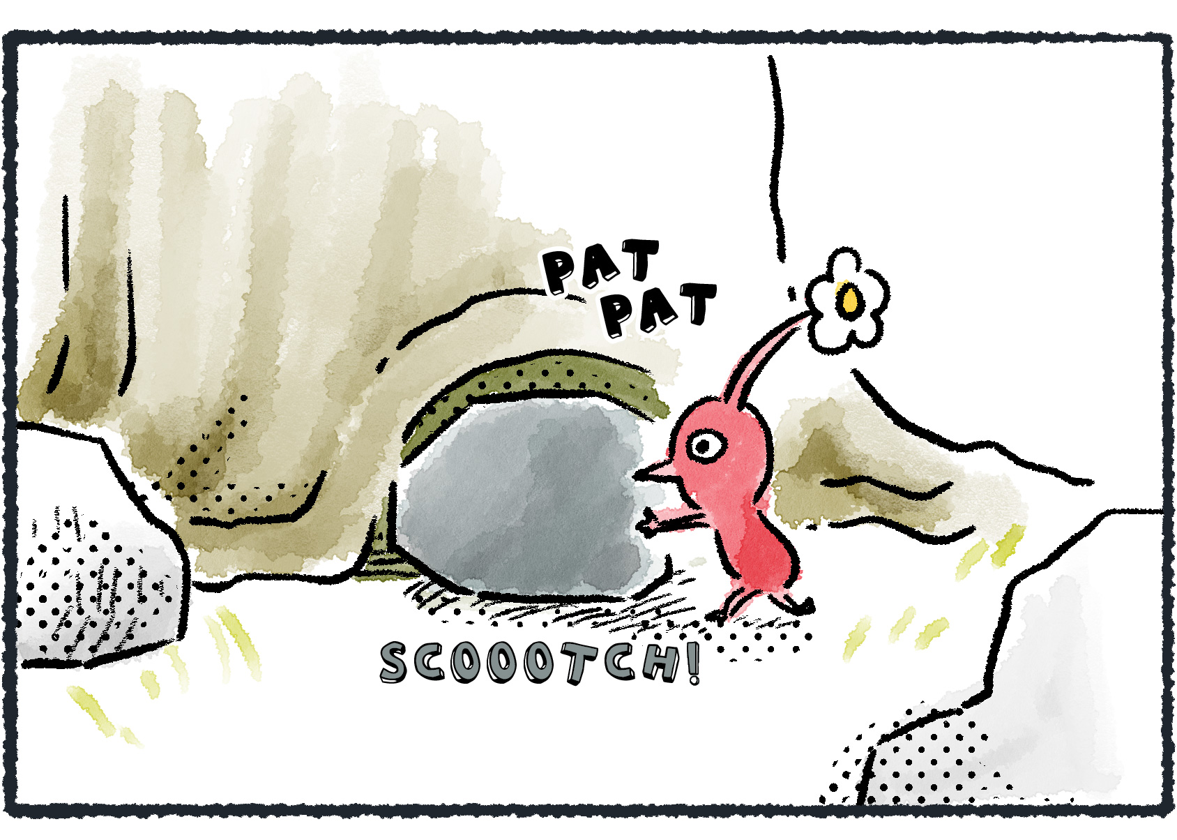 Panel three. The Red Pikmin scooches a big rock into position to cover up the hollow in the tree and hide its leftover nectar.