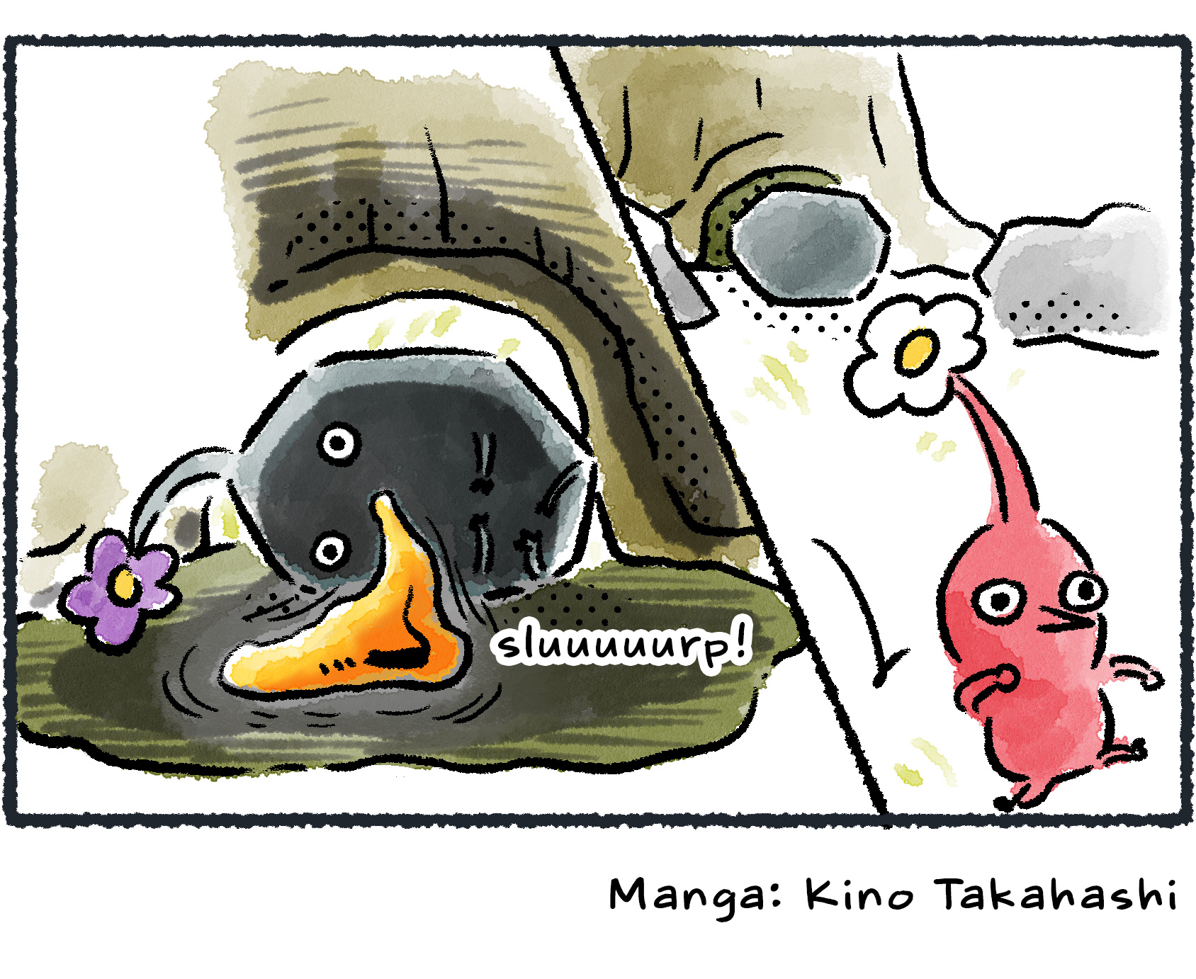 Panel four. It turns out that the big rock the Red Pikmin used was a sleeping Rock Pikmin. The Red Pikmin happily bounces away, not knowing that the Rock Pikmin has woken up and is slurping up the remaining nectar.